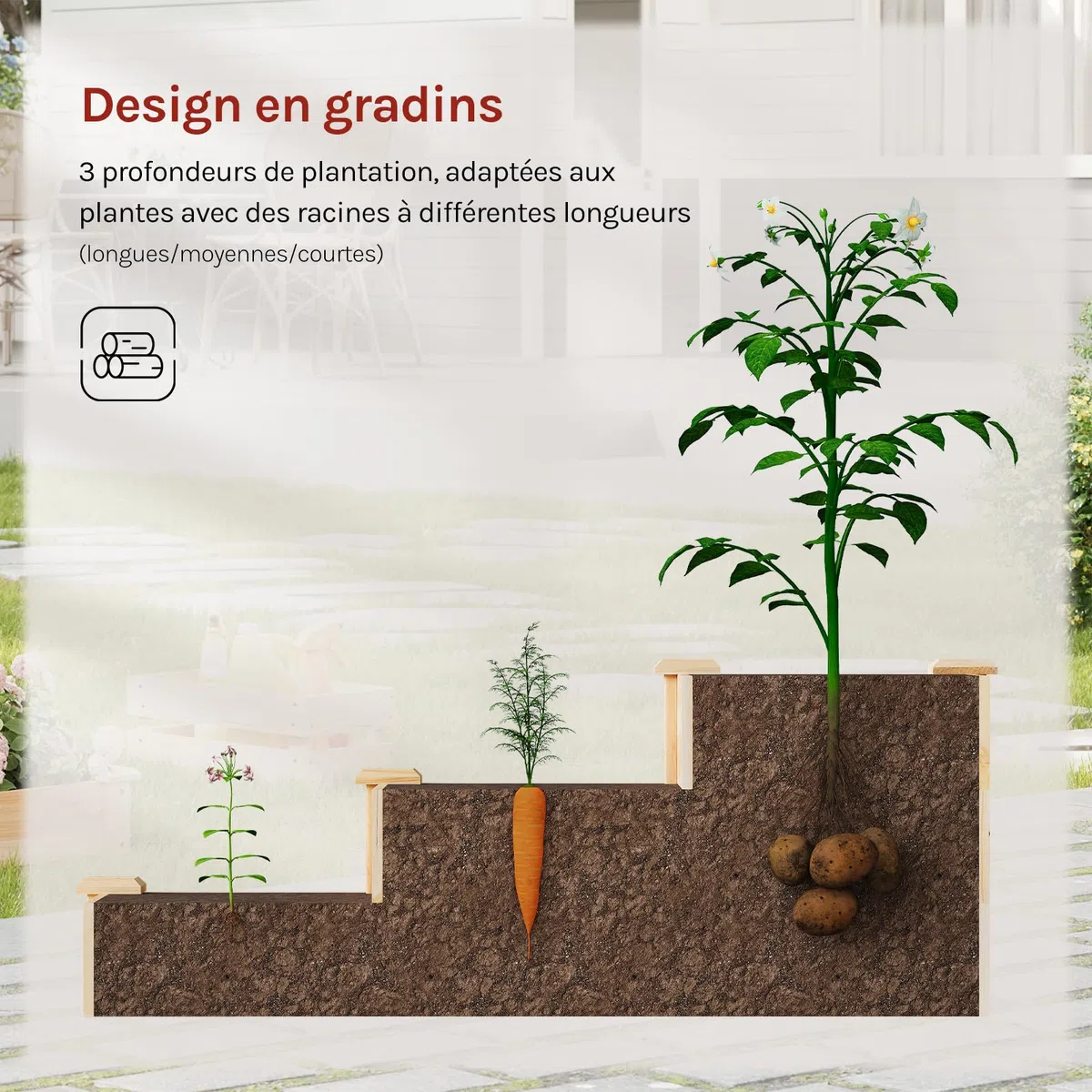 WOLTU Carré Potager à 3 Niveaux, Jardinière Surélevée en Bois, Design en Escalier, avec Fond Ouvert, 92x92x35 cm, pour Terrasse, Balcon, Jardin ou Cour