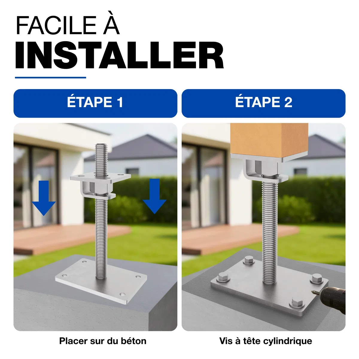 GeZu Impex Support de poteau Galvanisé à chaud Lot de 4 100 x 100 mm hauteur reglable platine bois pied poteaux clôture