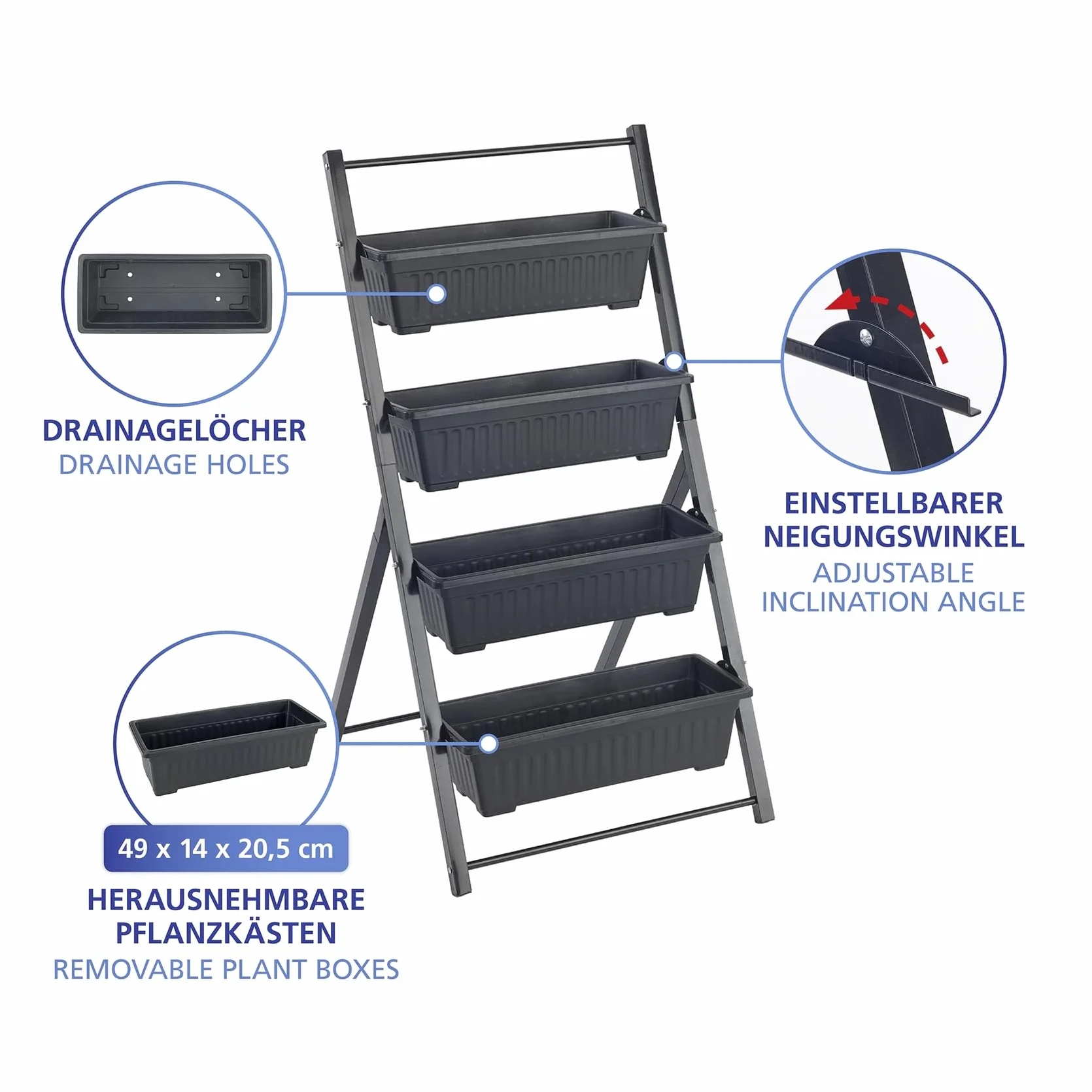 Maximex Lit surélevé Jardin Vertical 4 Niveaux pour Balcon et terrasse bacs Amovibles Plastique résistant aux intempéries 56,5 x 108 x 62 cm Noir