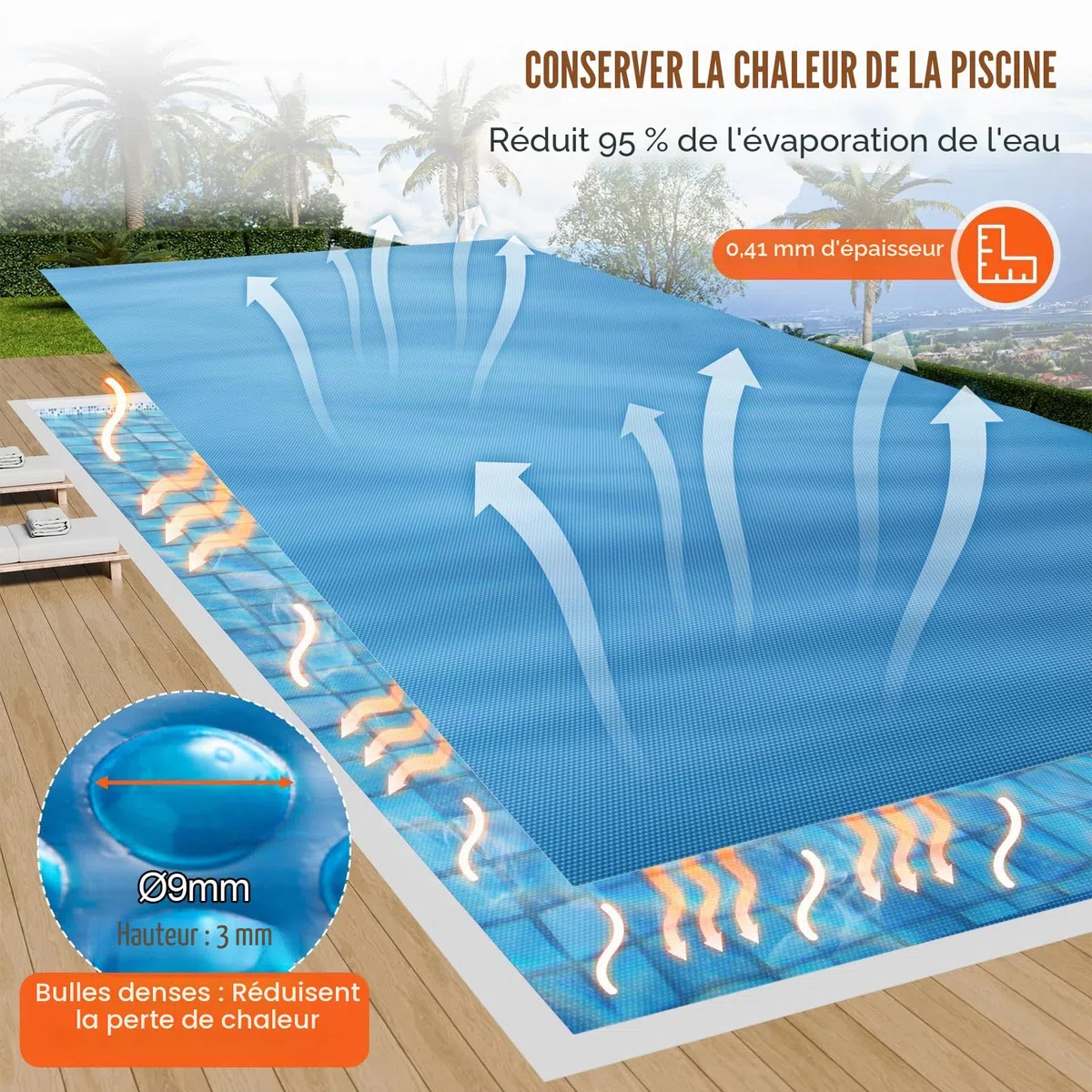 VEVOR Couverture Solaire pour Piscine, 10,97 x 5,49 m, bâches solaires rectangulaires pour Piscine, épaisseur de 0,4 mm, Protecteur de Piscine pour Piscine Hors Sol creusée, pour Chauffer l'eau, Bleu