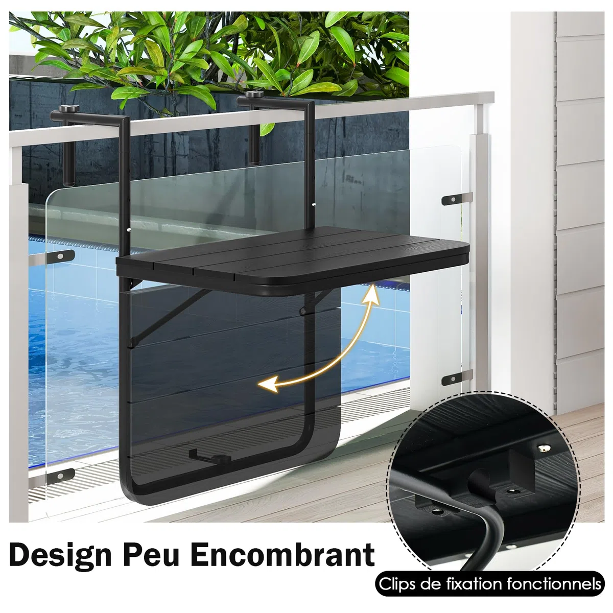 GIANTEX Table de Balcon Suspendue Pliable, Table Suspendue Rabattable et Hauteur Réglable, Résistante aux Intempéries, Charge 30 kg, pour Balcon, Terrasse, Jardin, 62,5 x 60 x 84 cm, Noir