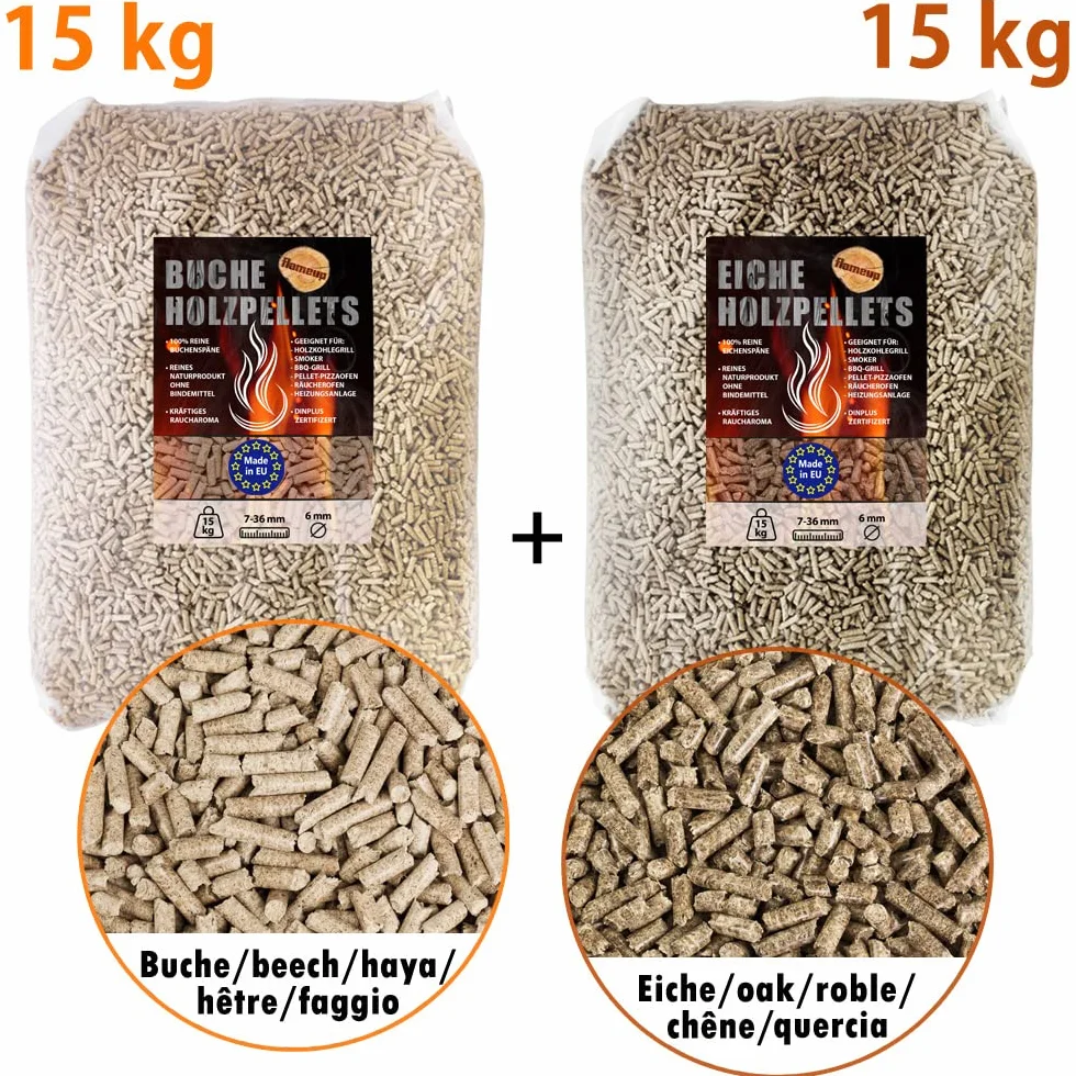pellets de Fumage chêne et hêtre 15 kg + 15 kg pellets Bois pour Barbecue Four à Pizza fumoir extérieur Accessoires | 15 kg chacun, bois, barbecue, extérieur, granulés de bois, jardin