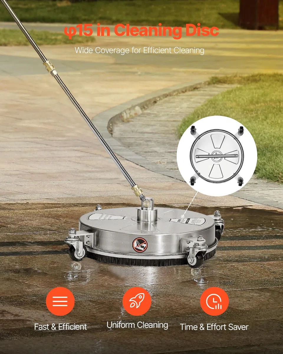 VEVOR Nettoyeur de Surface pour Nettoyeur Haute Pression 395 mm, Accessoire Nettoyeur Sol en Acier INOX sur Roues, 275 Bar Max. connecteur 0,635 cm 2 Buses pulvérisation 2 tiges Extension, pour béton