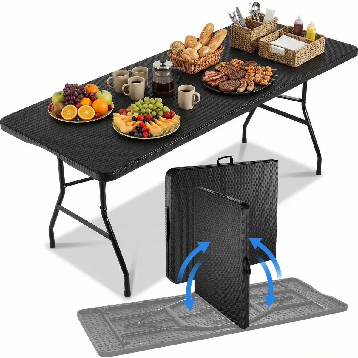 LIFERUN Table de Camping Pliant 180x75 cm,Table de Jardin en HDPE Plastique | avec Poignée, Résistant, Capacité 10 Personnes, Charge Max 150 kg, pour Terrasse et Balcon,Fête ou Plage,Design Rotin-Optique