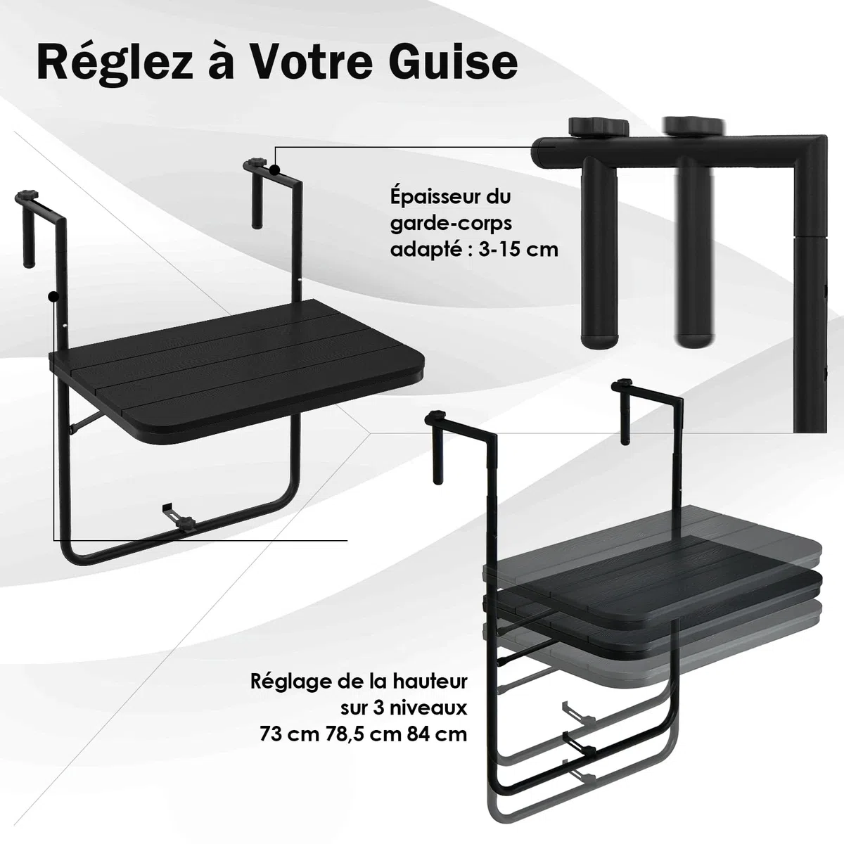 GIANTEX Table de Balcon Suspendue Pliable, Table Suspendue Rabattable et Hauteur Réglable, Résistante aux Intempéries, Charge 30 kg, pour Balcon, Terrasse, Jardin, 62,5 x 60 x 84 cm, Noir