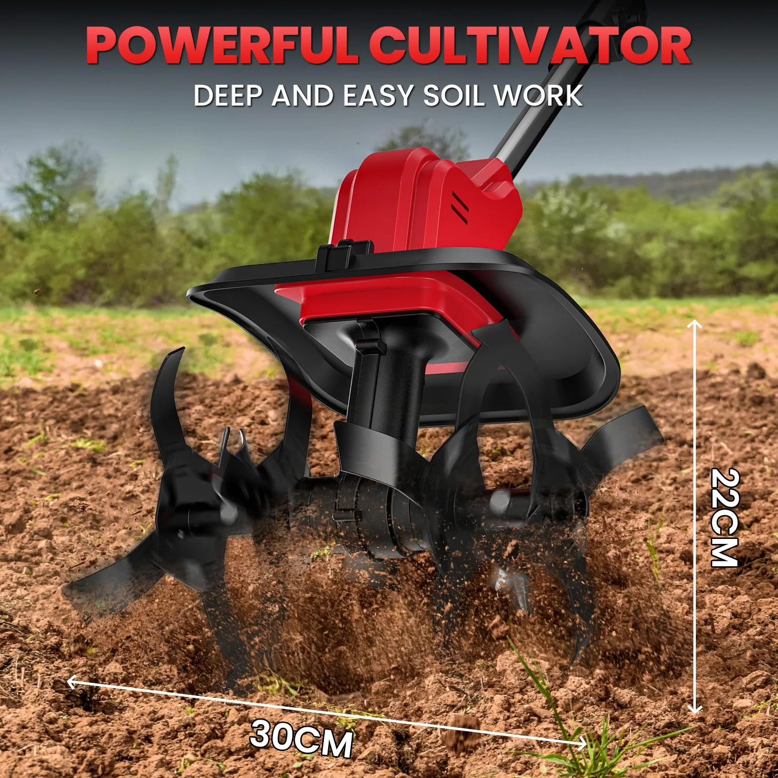 Motoculteur Électrique, Motobineuse sans Fil avec 2 Batteries 4.0Ah, 21V 550W avec Écran LED, 6000 RPM et 4 Lames Robustes, 30CM Largeur et 22CM Profondeur, Motoazada Bateria pour Potager, Jardin
