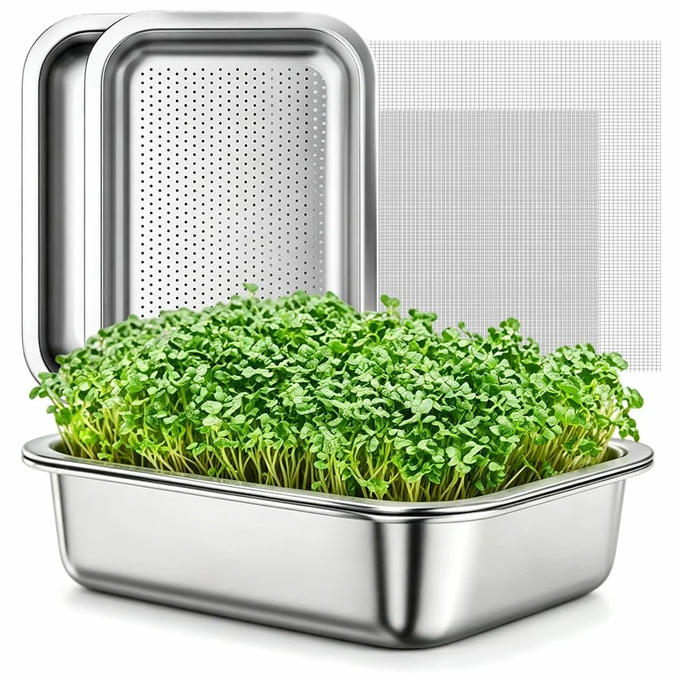 Lot de 2 Germoirs en Acier Inoxydable 26 x 19 cm, Plateau de Germination 2 en 1 pour Graines et Microgreens, Bac à Germes Réutilisable Passe au Lave-Vaisselle, Culture Facile à Domicile
