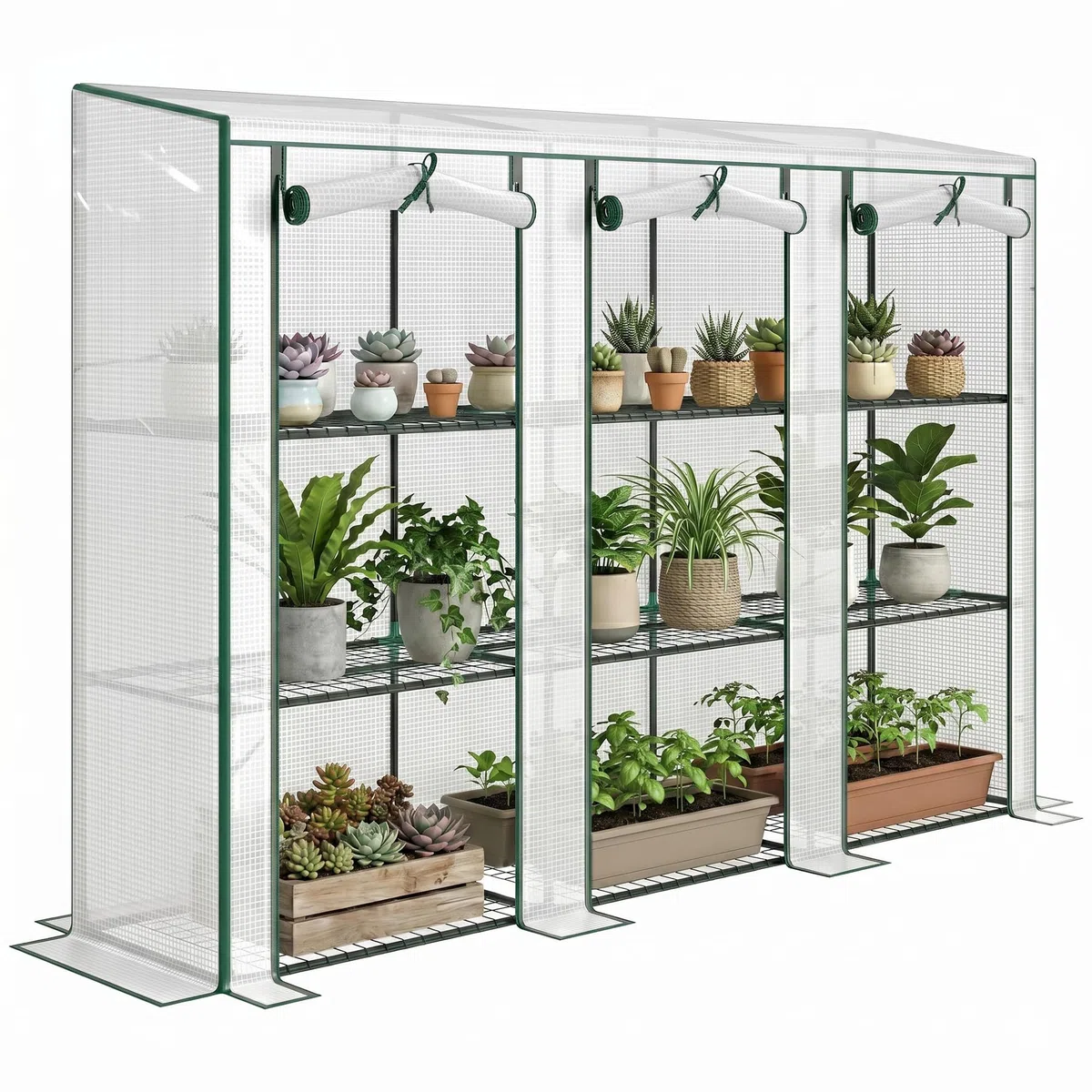 Outsunny Serre de Jardin PE avec étagères 3 Niveaux, Serre de Balcon, bâche renforcée 140 g/m², châssis en Acier, 2 Portes zippées enroulables pour légumes Plantes Fleurs 215x46x151cm Blanc