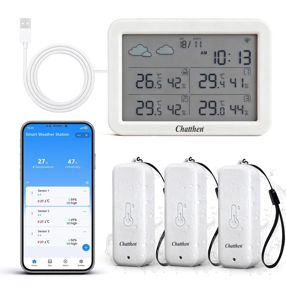 Station Meteo Connectée, Station Meteo Interieur Exterieur sans Fil WiFi, Thermometre Interieur Exterieur avec Date et Prévision Météorologique, 1 écran et 3 Capteurs Extérieurs