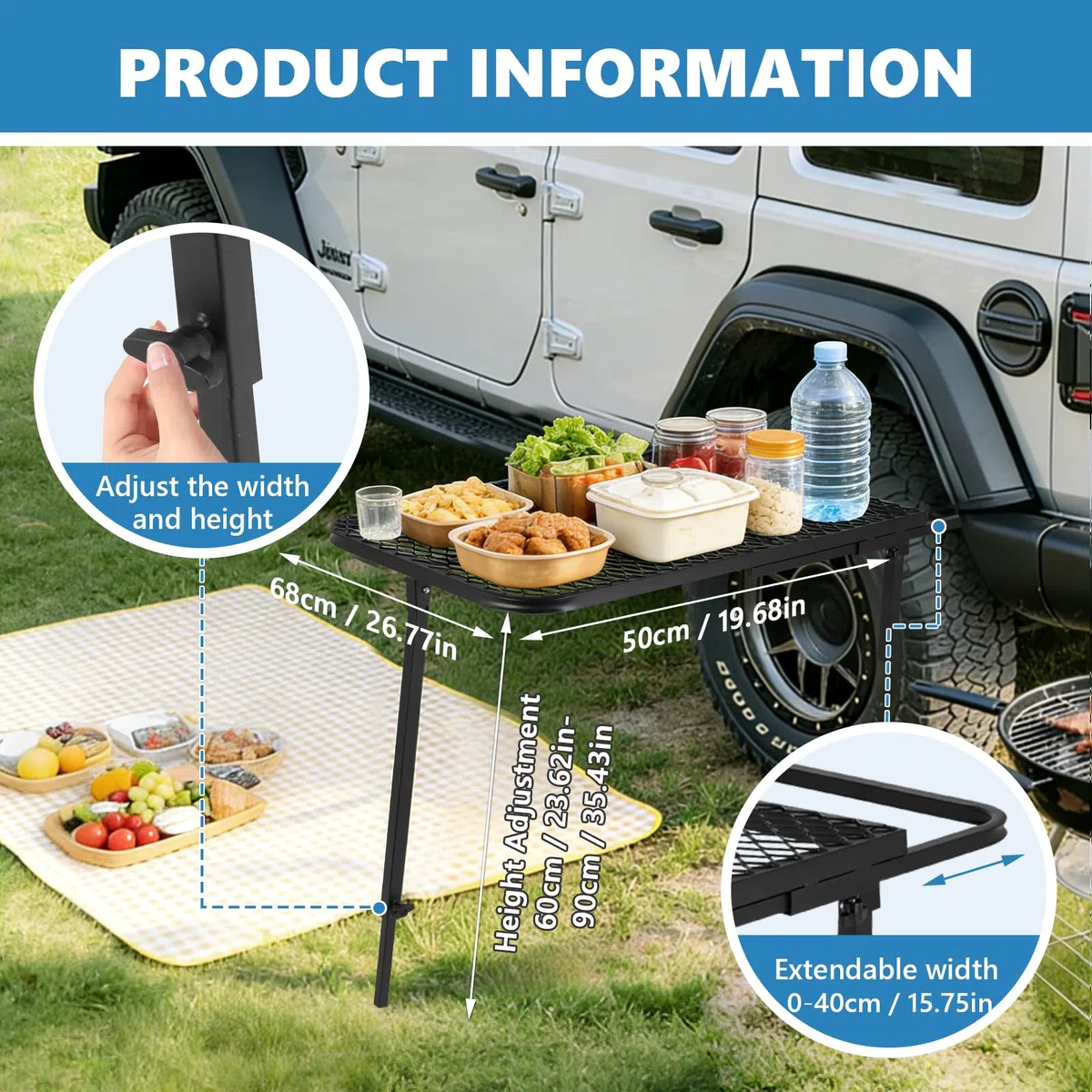 MXBAOHENG Table De Pique-Nique Portable De Pneu De Voiture 68*50 CM Table à pneus à hauteur réglable 60-90 CM Table de camping à monter sur véhicule pour voyage, atterrissage et activités de plein air