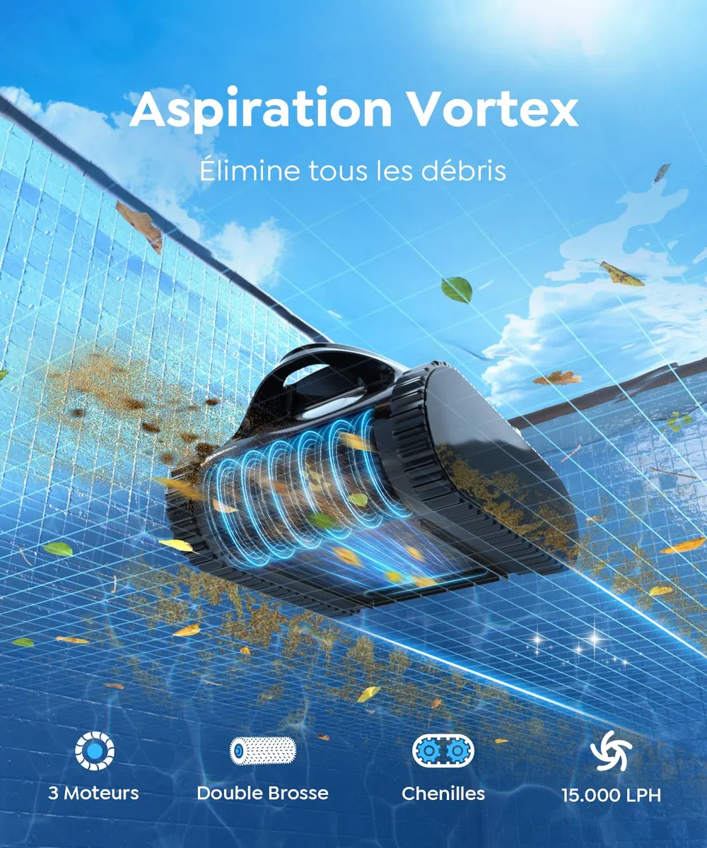 C1 Robot Piscine Fond et Parois (2026 Nouv) | Double filtration, 180 min, 7 modes, App, max 150 m², facile à sortir de l'eau, pour eau douce et salée