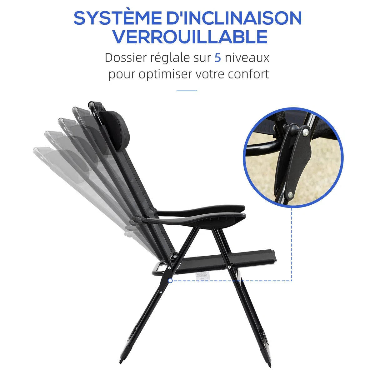 Outsunny Lot de 2 chaises de Jardin Set Basic de 2 chaises Pliantes Chaise de Camping Chaise de Balcon accoudoir Dossier réglable en 5 Positions Oreiller Amovible fourni Tissu Oxford textilène Noir