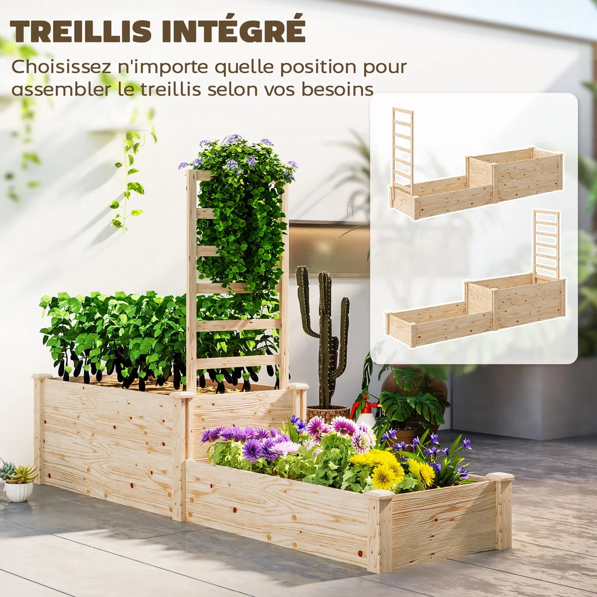 Outsunny Jardinière avec Treillis, lit surélevé de Jardin, jardinière extérieure à 2 bacs avec Fond Ouvert, bac à Fleurs en Bois pour Balcon terrasse Patio, 222 x 63 x 132 cm, Effet Bois Naturel
