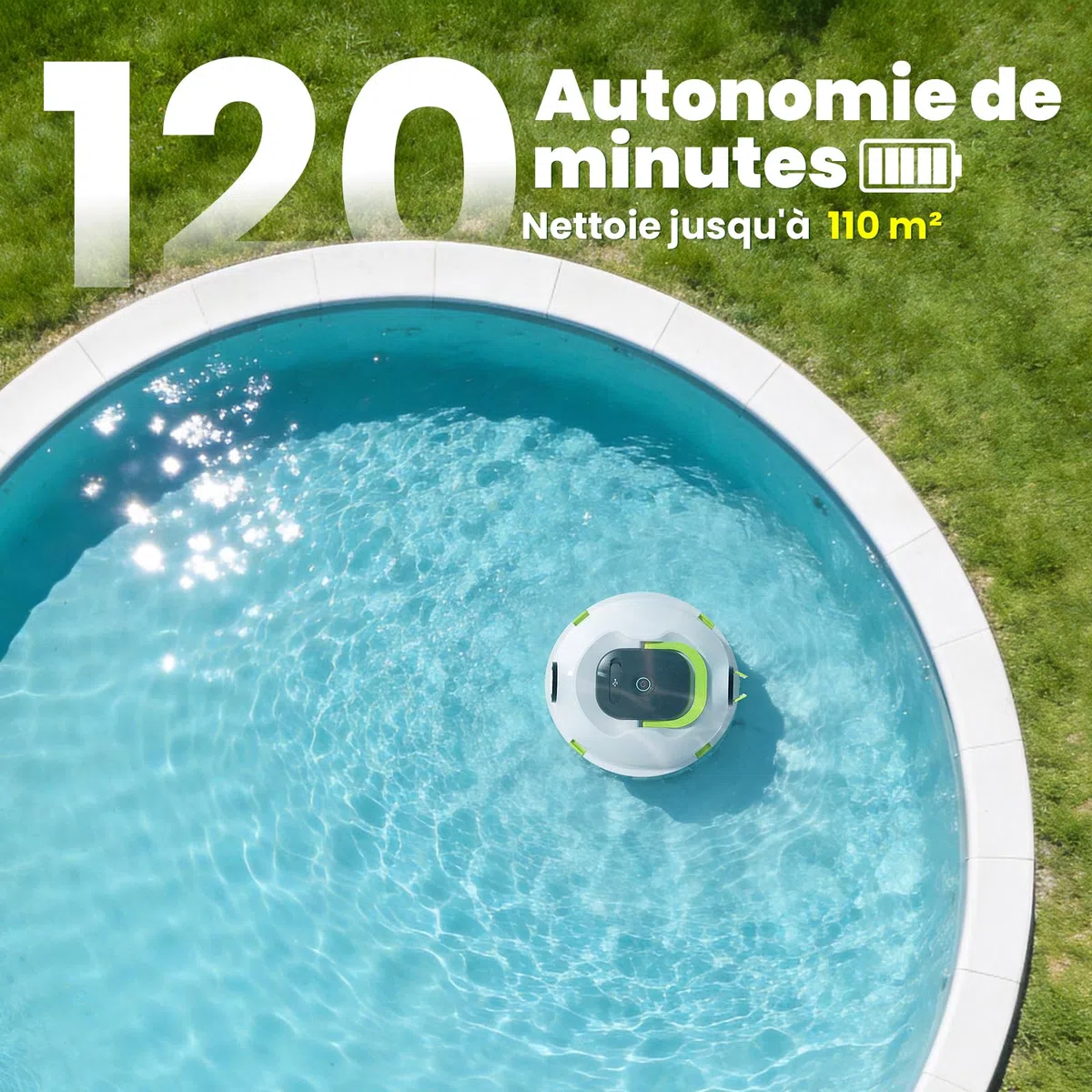 Robot Nettoyeur de Piscine sans Fil | Aspirateur de Piscine Automatique, 120 Min d'autonomie, Auto-Stationnement & Ultra Léger | Robot pour Piscine Hors-Sol ou Enterrée à Fond Plat jusqu'à 110 m²(BL)