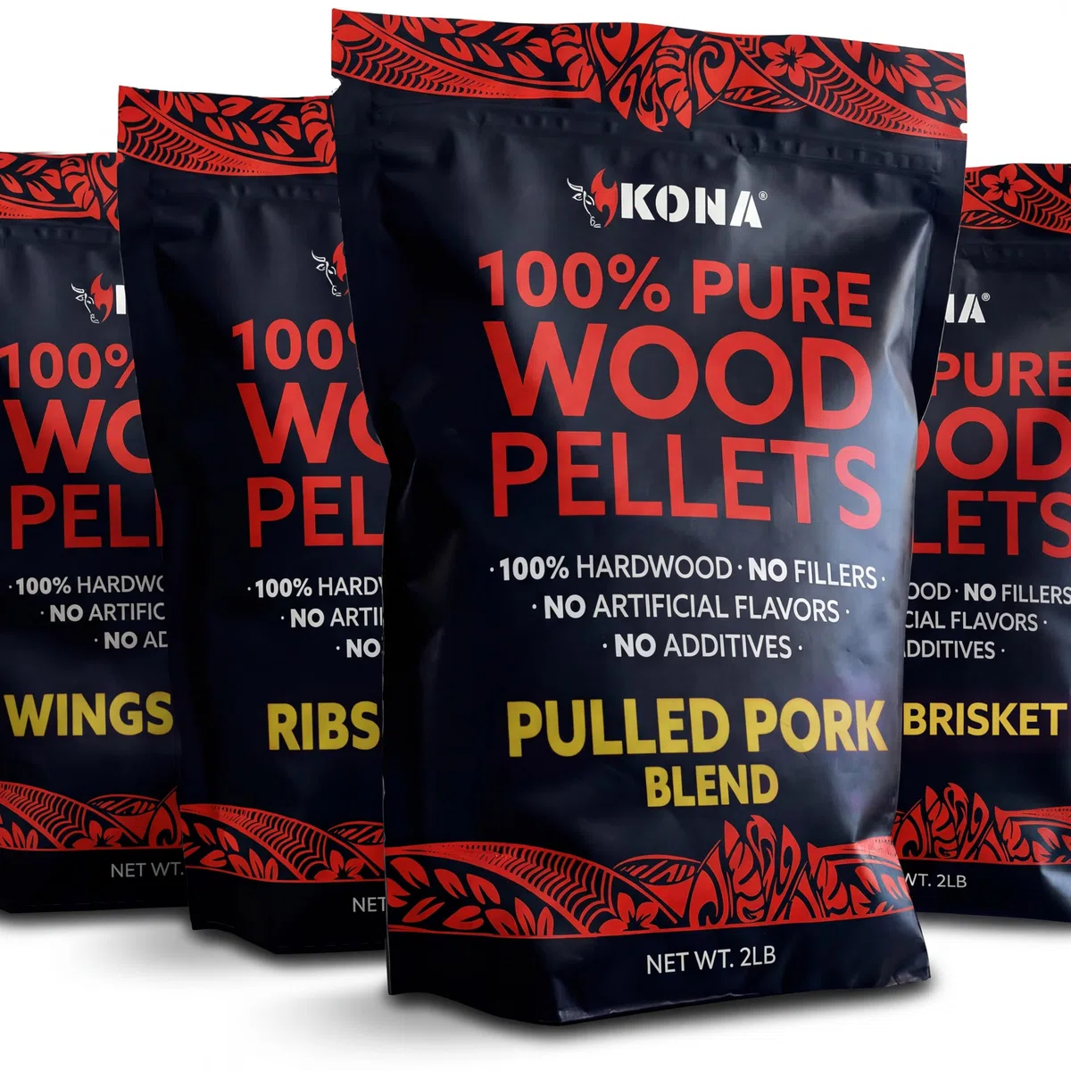 Kona Lot de 4 sacs refermables de 0,9 kg pour poitrine de granulés de bois, côtes, ailes et mélange de porc effiloché pour barbecue en plein air Ninja Woodfire