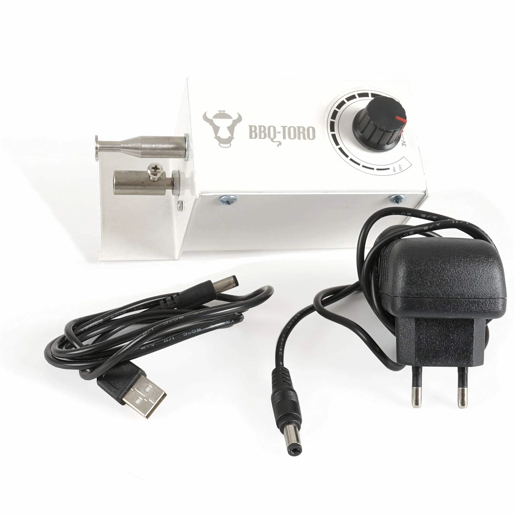 BBQ-Toro Tourne-Broche électrique | Acier Inoxydable - avec 11 brochettes et Moteur - Taille réglable 70 x 26-40 cm - avec Prise d'alimentation et USB - Mangal Chachlik (Moteur Avant Gauche)