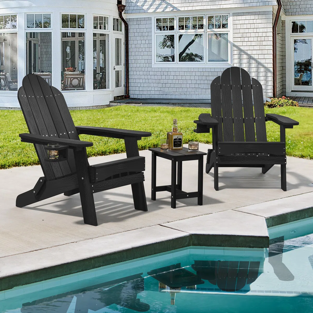 LUE BONA Chaise Adirondack Noire, Chaise de Jardin HDPS Pliable, Résistante aux Intempéries avec Porte-Gobelet, pour Jardin, Terrasse, Balcon