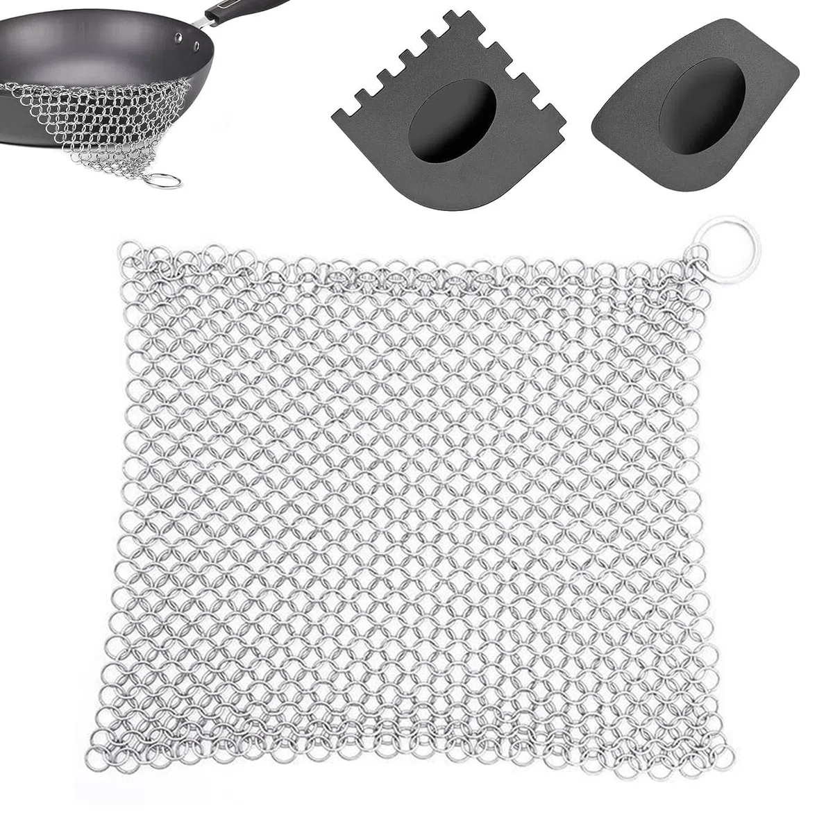 Nettoyeur de Fonte en Acier Inoxydable 18 x 18cm Cote De Maille Hollandais Cotte De Maille Avec Racloir En Plastiquenettoyant pour Tous Les Types de Poêles, Grilles et Fours Hollandais