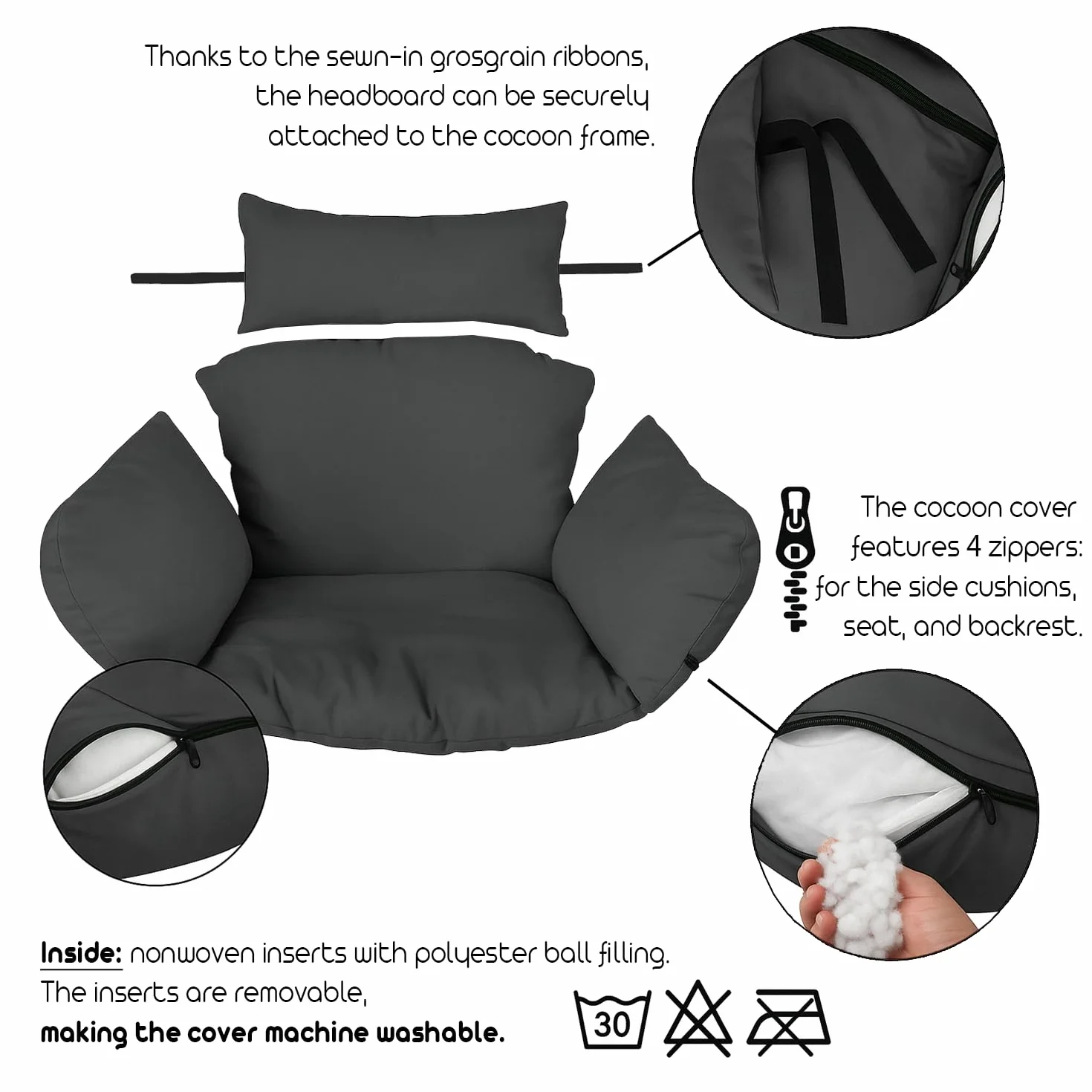 Ferocity Suspendu Hamac Chaise Coussins XXL, Imperméable Siège de Chaise Rembourrage pour Patio Jardin, Balançoire Panier Suspendu Coussin de Siege, Graphite [114]