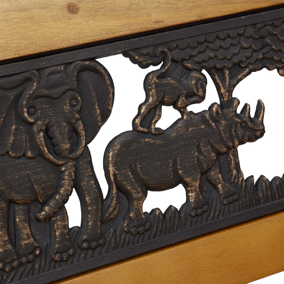 Relaxdays Banc Jardin Enfants, Motifs Animaux Afrique, capacité de 50 kg, Bois et Fonte, HLP : 51 x 83 x 37 cm, Nature