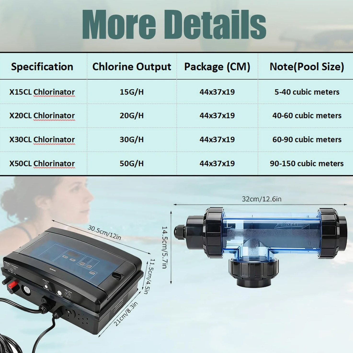 Électrolyseur au sel, Plusieurs Niveaux de Chlore, électrolyseur pour piscines, Système de chloration au sel pour Piscine,chlorateur au sel 15/20/30/50 g/h X20CL