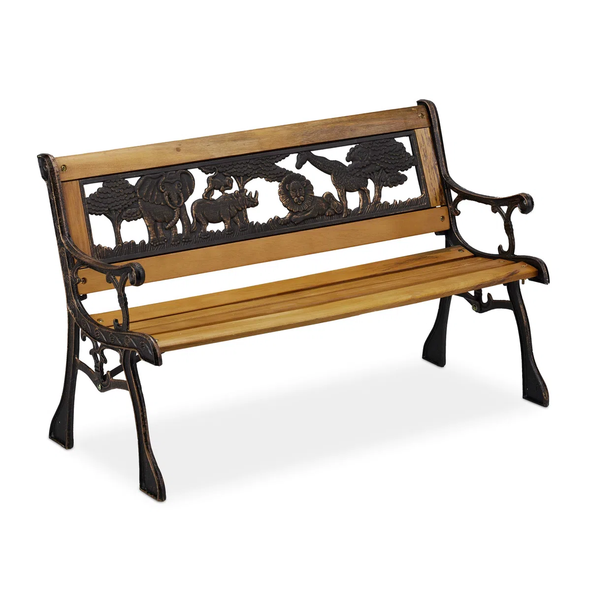 Relaxdays Banc Jardin Enfants, Motifs Animaux Afrique, capacité de 50 kg, Bois et Fonte, HLP : 51 x 83 x 37 cm, Nature