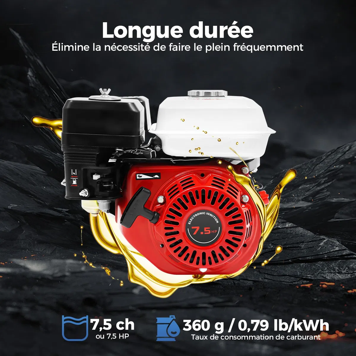 Moteur à essence de 7,5 ch, 212 cm³, moteur 4 temps de 20 mm d'arbre, démarreur manuel, kit de karting, moteur de kart avec fonction de protection contre la pénurie d'huile pour machines à pompe