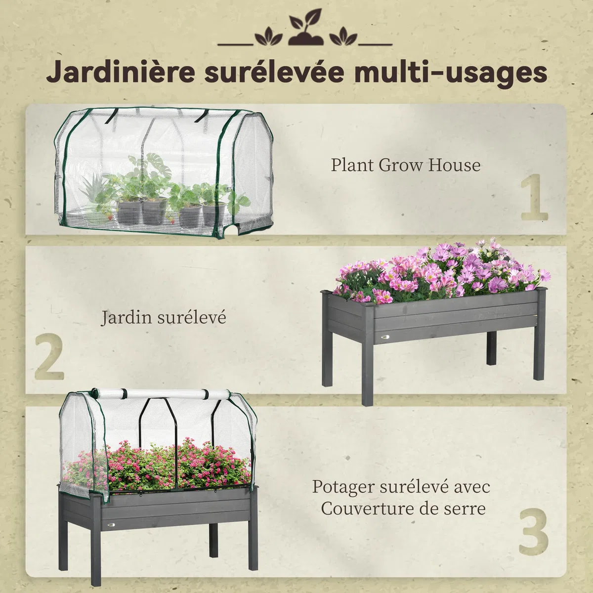 Outsunny Potager sur Pieds surélevé avec bâche en PE Jardinière surélevée Potager avec Serre Volume 104 L avec Trous de Drainage, Tissu Non tissé, pour Plantes Fleurs Légumes, 121x55x117cm Gris foncé