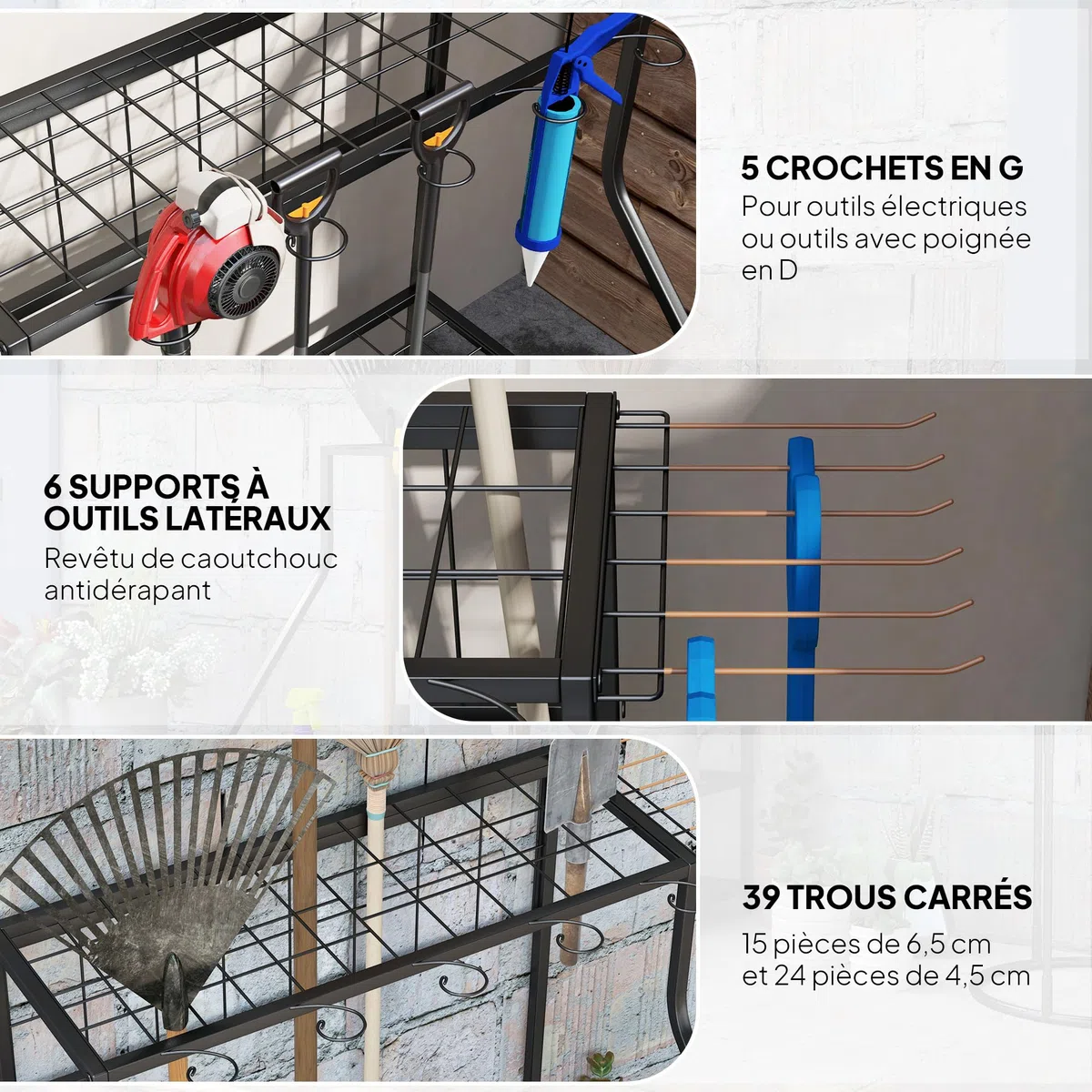 Outsunny Organiseur d'Outils avec Crochets, Support de Garage à 3 Niveaux pour Sécateurs, Pelles, Râteaux, Jardin et Garage Orange
