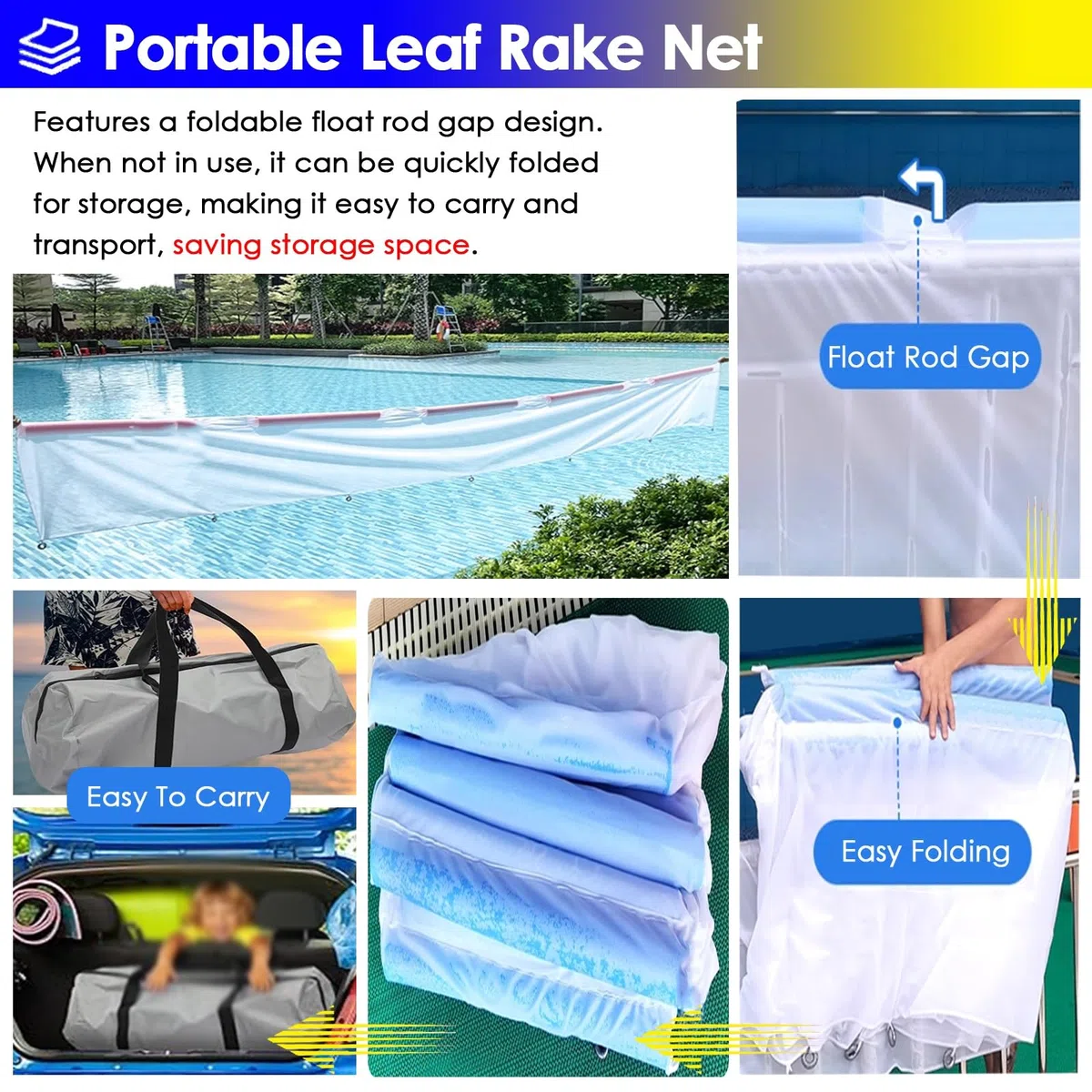 Épuisette flottante pour enlever les petits débris, pliable et réutilisable, idéal pour les piscines et les parcs aquatiques