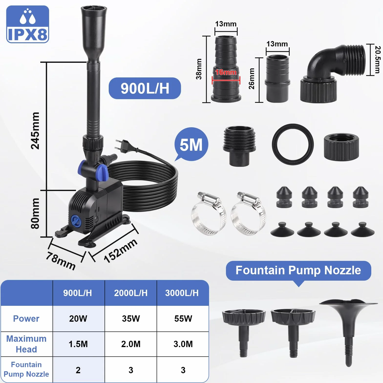 EFUTURETIME Pompe de Bassin 3000 L/H 55W, Pompe pour Fontaine Exterieur avec 2 Buses 5m Câble, 3m Hauteur Manométrique, Paysage Aquatique Parfait pour Bain d'oiseaux Aquarium Etang Jardin