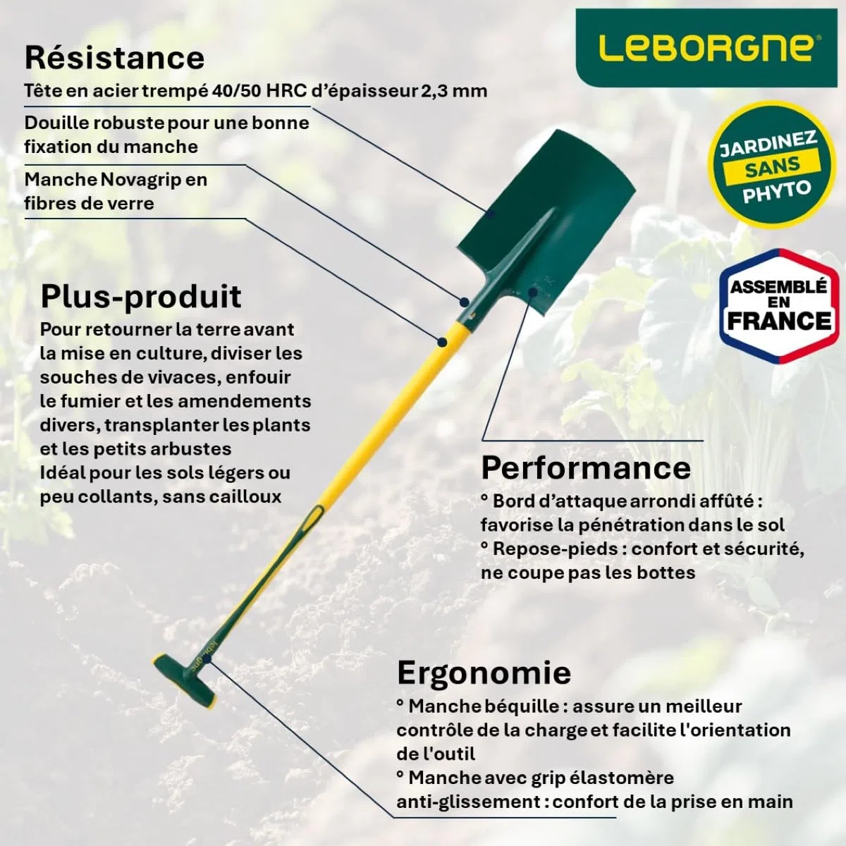 Leborgne, Bêche à rebord manche novagrip pomme 100 cm, Tête Acier Trempé, Bord Arrondi, Repose-Pieds, Douille robuste, Conseillées pour les sols légers ou peu collants, sans cailloux