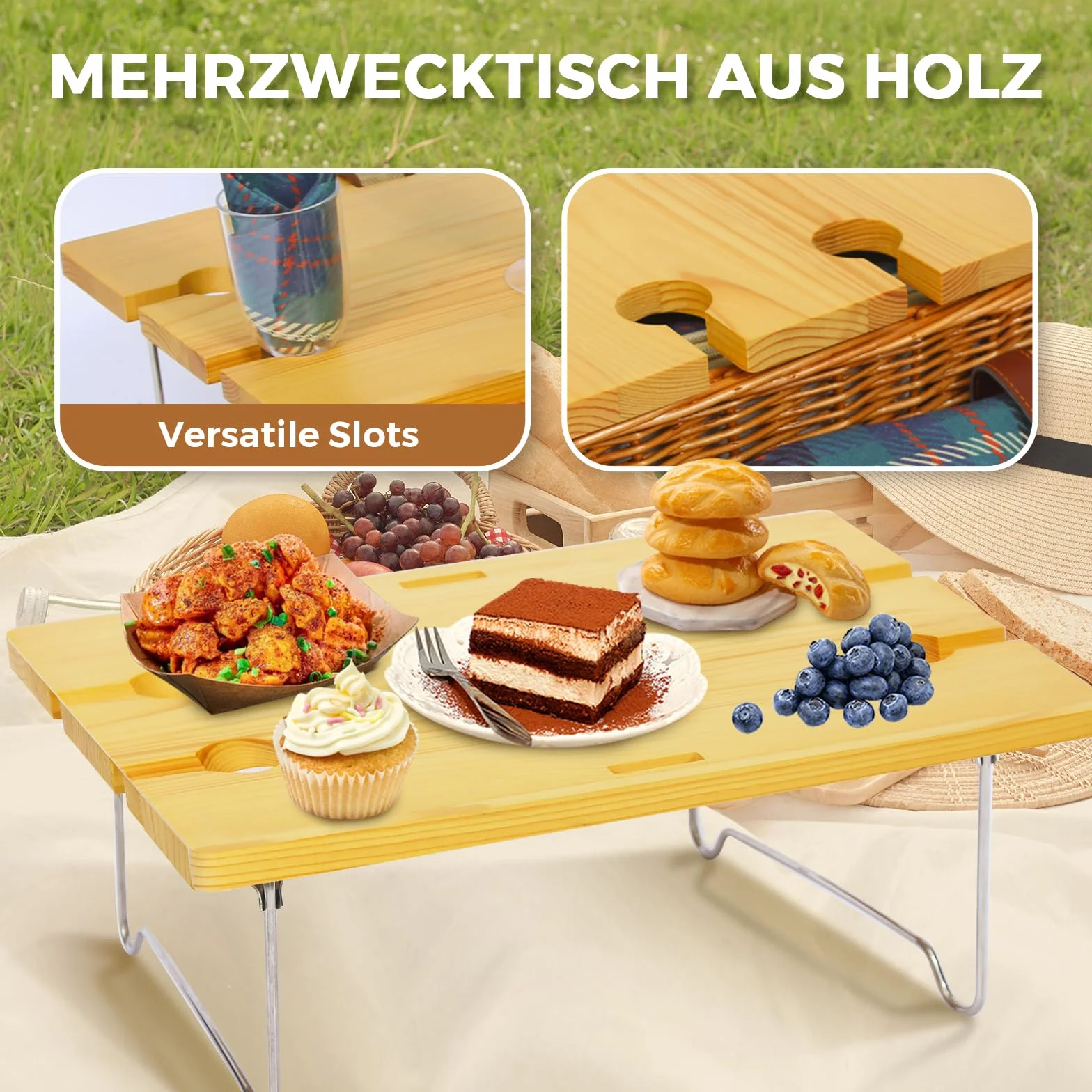 Ensemble de panier de pique-nique avec table pliante et couverts - Panier de pique-nique pour 4 personnes, avec sacs isothermes, panier tressé avec anse, panier en osier - Coffret cadeau pour