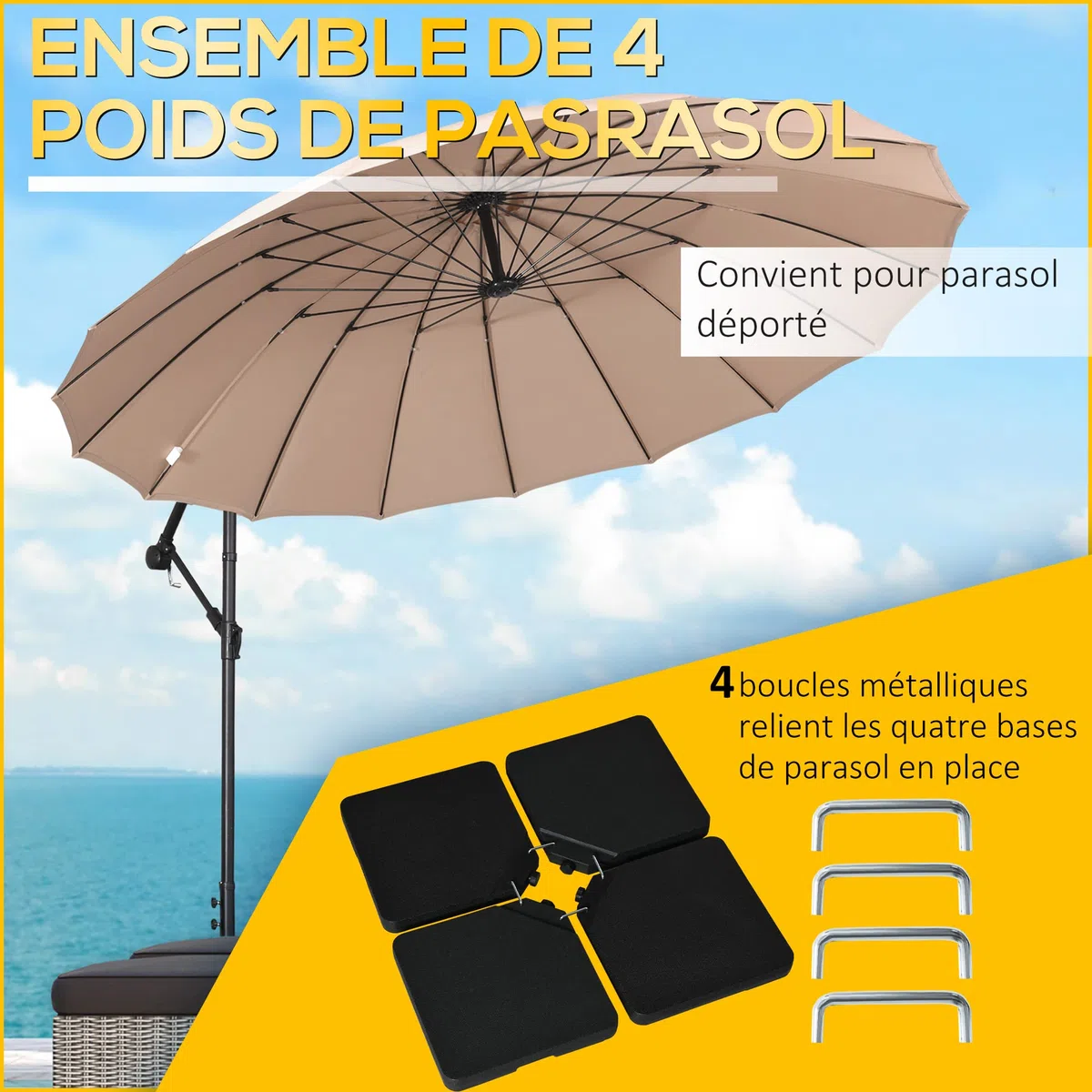 Outsunny Lestages pour parasols Dalles de Parasol 4 plaques HDPE - A remplir d'eau ou de Sable jusqu'à 60/70 kg - dim. 100 x 100 x 6,8 cm Noir