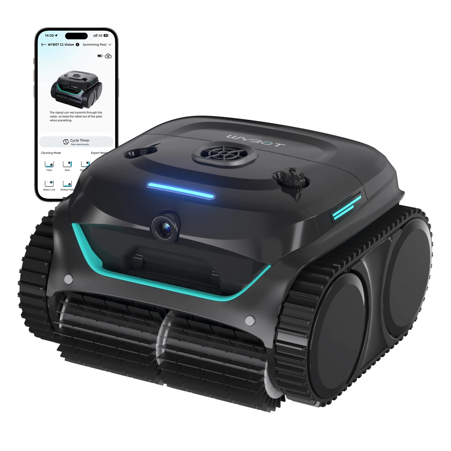 WYBOT (Nouveau Modèle) Robot Piscine sans Fil C2 Vision-A avec caméra IA, Filtration Ultra-Fine, Forte Aspiration, Nettoyage Fond/parois & Ligne d’Eau, Navigation Intelligente – NoirVertProfond