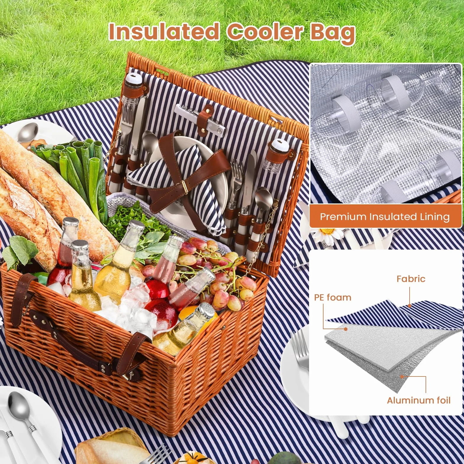 Panier de Pique-Nique en Osier pour 4 Personnes, avec Compartiment Isotherme, Couverture Imperméable, Couverts, pour Camping, Fête en Plein Air, Randonnée (Bleu, Boucles en Cuir)