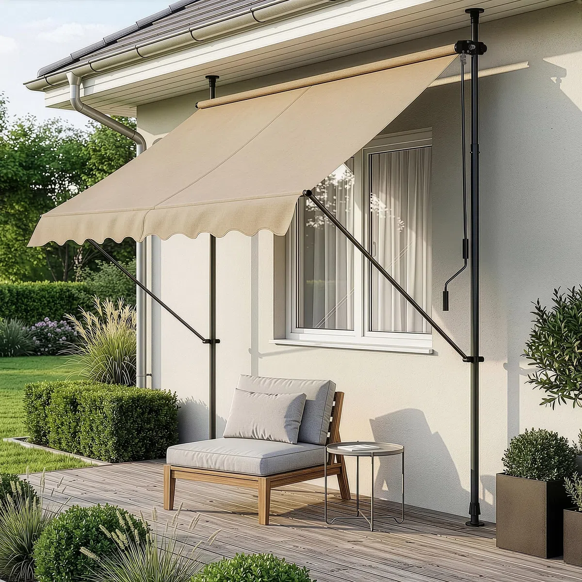 pro.tec Store Banne Manuel Rétractable pour Terrasse Marquise Soleil de Balcon Auvent Téléscopique Hauteur et Inclinaison Réglable sans Perçage Acier Polyester 150 x 120 x 220-309 cm Sable
