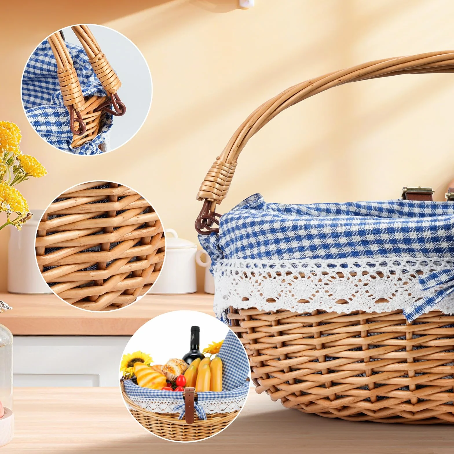 Set de Panier Pique-Nique en Osier pour 2 Personnes avec Table détachable,Sac fourre-Tout à Couverts,Couverture Imperméable, Doublure intérieure Amovible,pour Camping, Plage, Famille/Couple Cadeaux