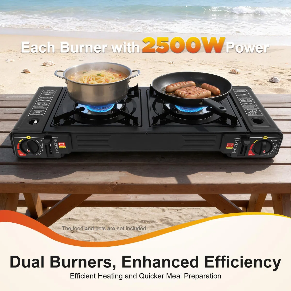 Réchaud à gaz 2 brûleurs 2 x 2500 W - Réchaud à gaz portable avec plaque de cuisson antiadhésive et valve de protection contre la surpression intégrée - Réchaud d'extérieur multifonction et stable