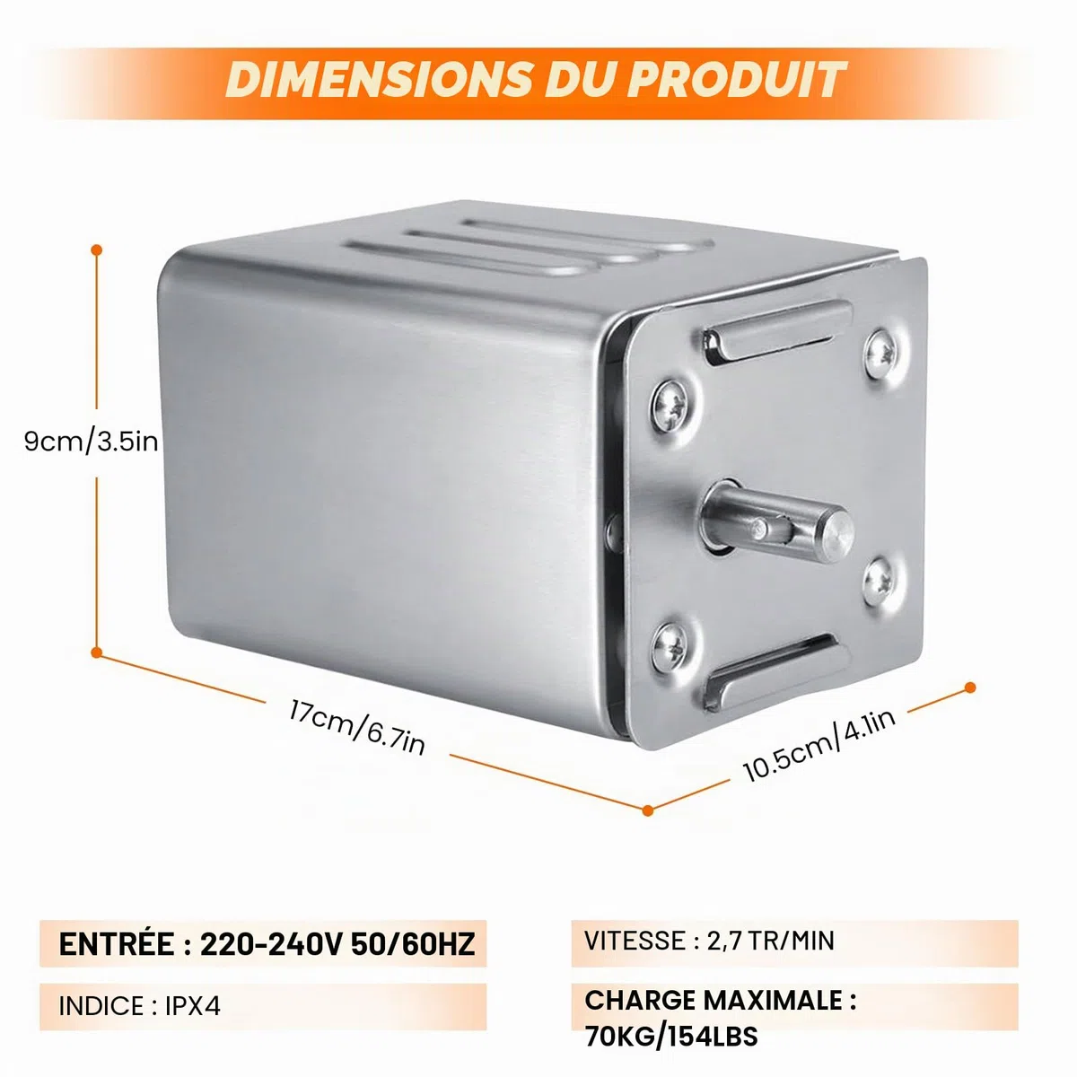 Tourne Broche Barbecue 15w 70kg Moteur Tourne Broche Sp-S40 2.7 RPM Moteur éLectrique pour Barbecue, Poulet, Porc, ChèVre GrilléE à L'ExtéRieur