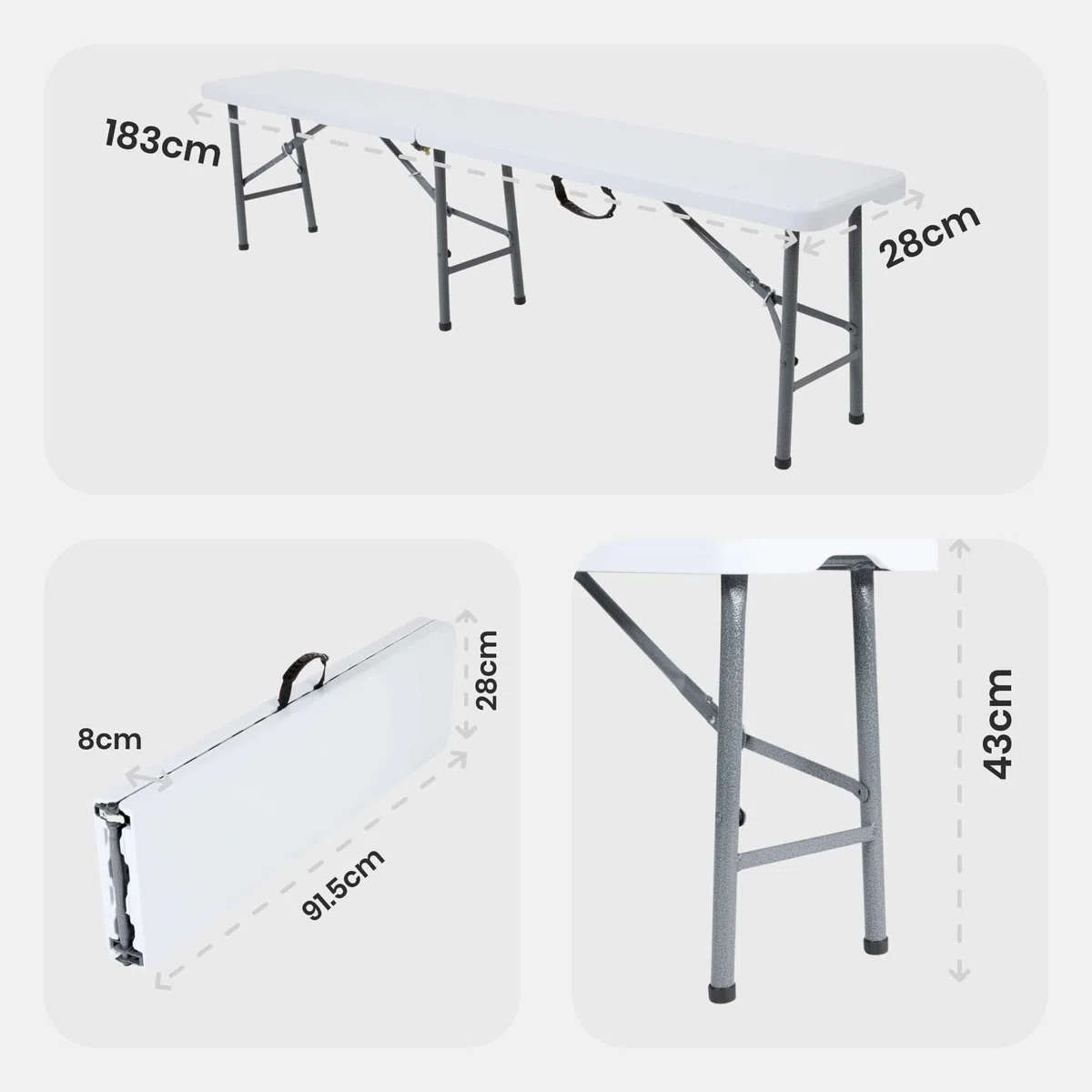 AREBOS Banc de Brasserie Pliable 2X | Bancs pliants 183 x 28 x 43 cm avec poignée de Transport | Banc de Jardin, Camping, fête | Ensemble 2 pièces Robuste | Blanc
