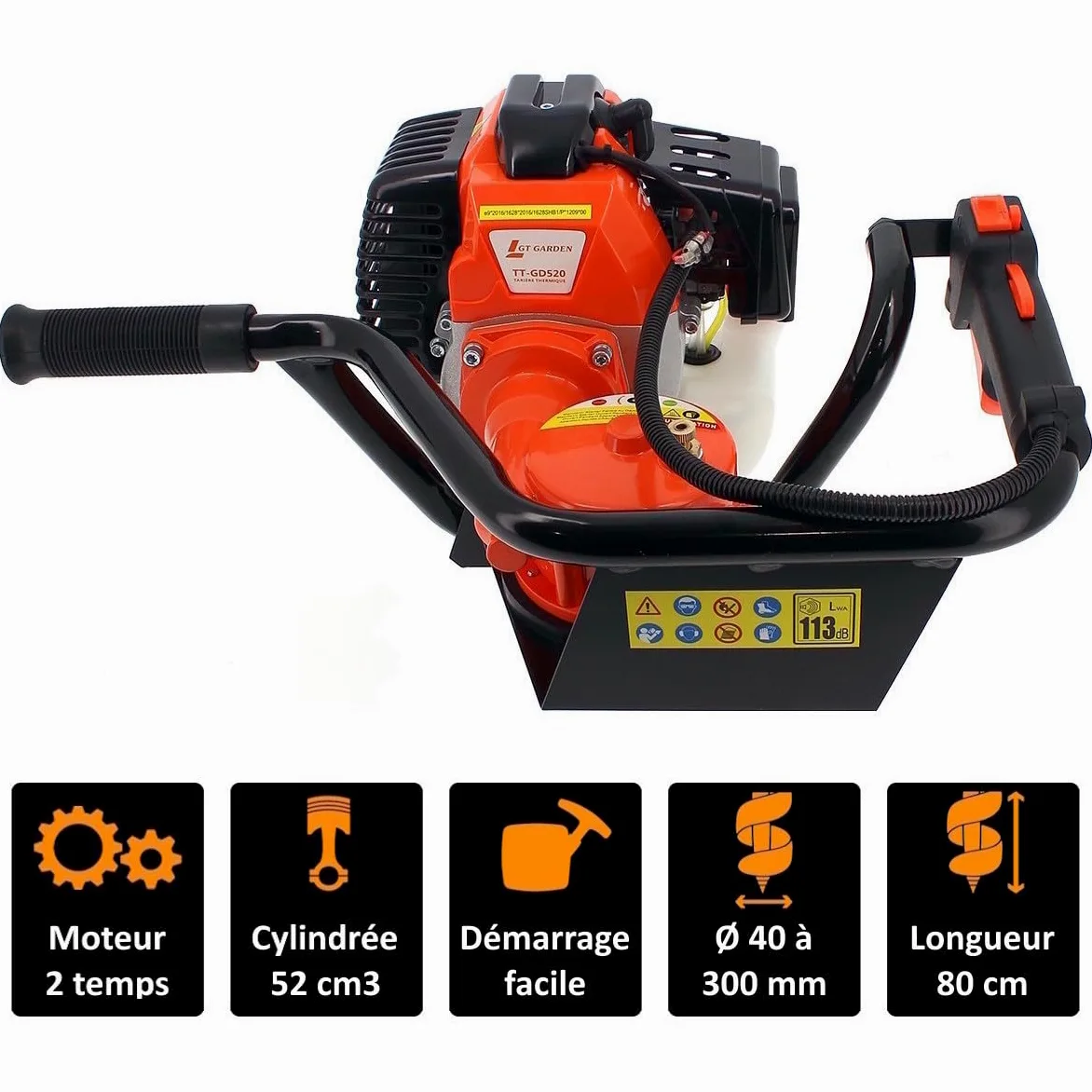Tarière thermique 52 cm3 - 3 CV + lot de 3 mèches (100, 150 et 200 mm)