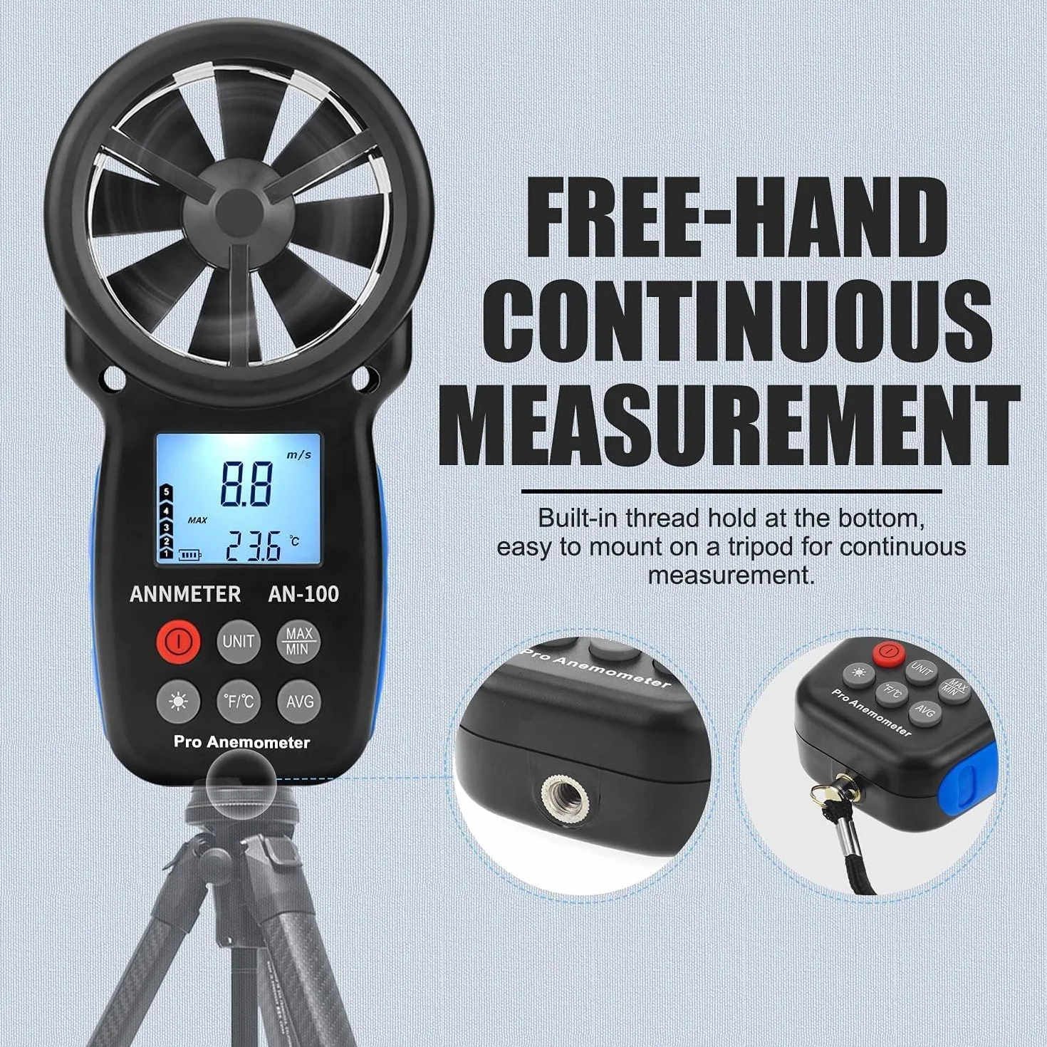 Anémomètre Portable Vitesse du Vent, AIOMEST Mesureur de Vitesse du Vent 30m/s et Température, Détecteur de Débit d'Air pour CVC Chauffage, Exterieur Drone Voile, Portable Anemometer AI-100 avec Étui