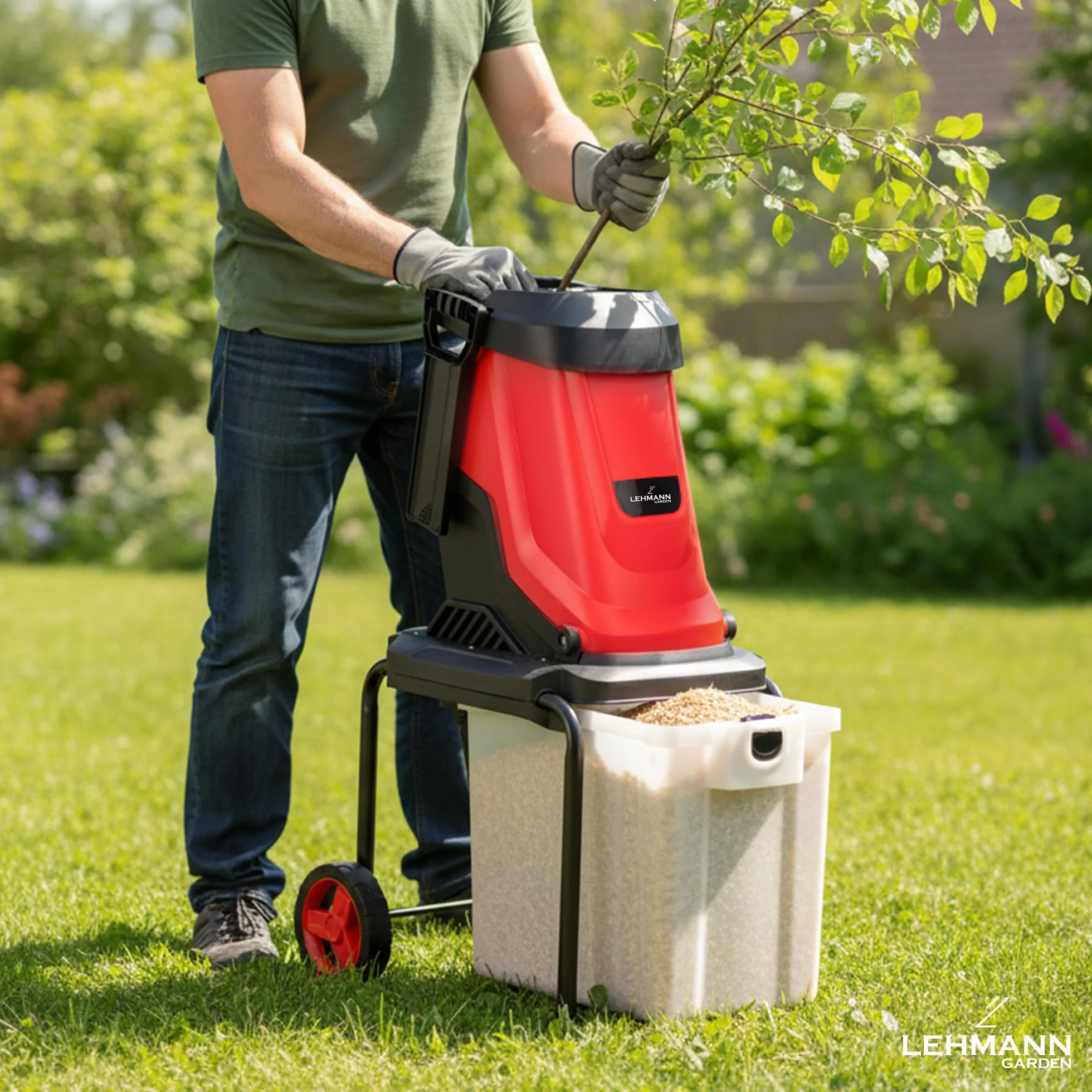 LEHMANN Broyeur Végétaux Électrique 3000 W, pour Branches jusqu'à 45 mm, Châssis robuste, Roues et Bac 50 L, Accessoires - Lunettes de Protection et Sécateur, Interrupteur de sécurité