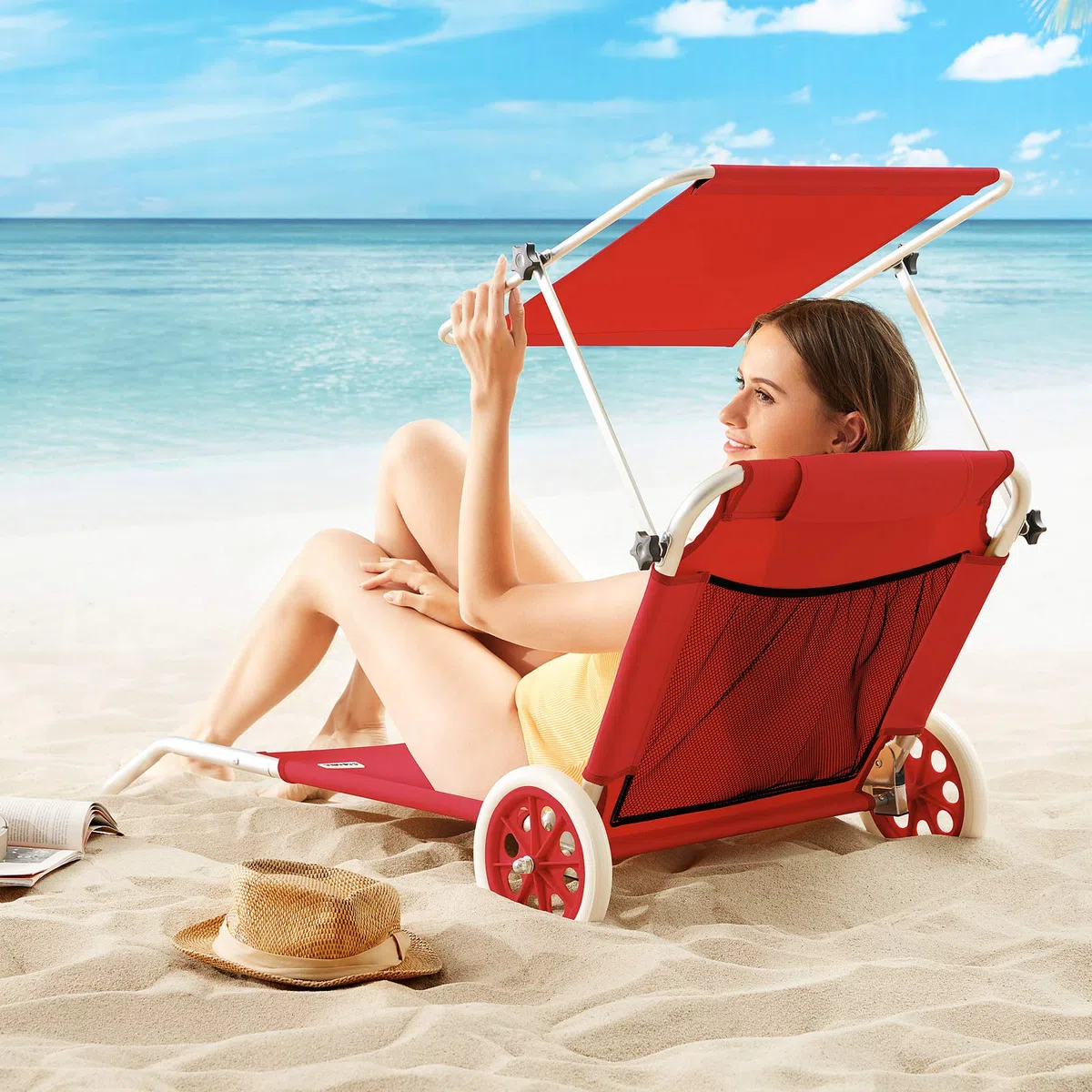 Casaria Chaise Longue de Plage Crête Rouge transat Pliable Chariot de Transport avec Pare Soleil réglable Camping Voyage