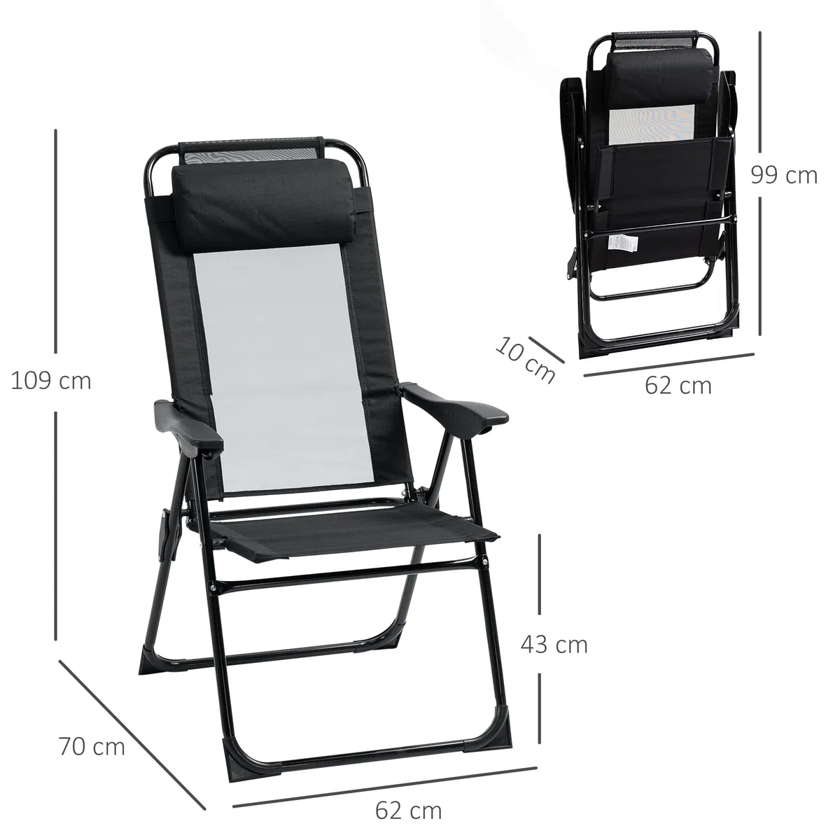 Outsunny Lot de 2 chaises de Jardin Set Basic de 2 chaises Pliantes Chaise de Camping Chaise de Balcon accoudoir Dossier réglable en 5 Positions Oreiller Amovible fourni Tissu Oxford textilène Noir