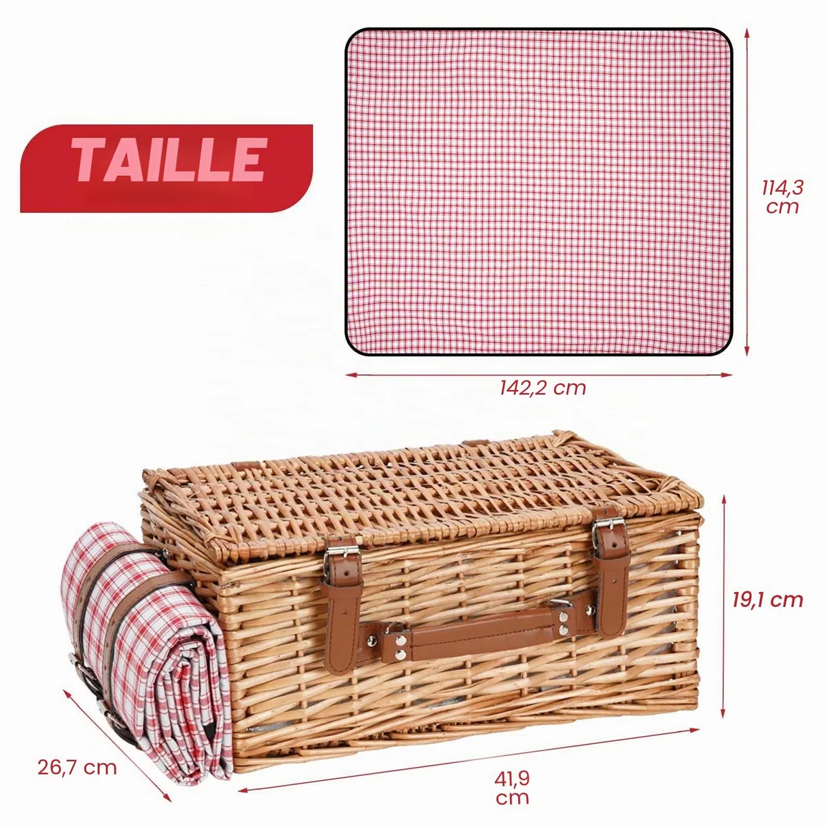 Panier de pique-nique en osier pour 2 personnes avec couverture de pique-nique imperméable et grand compartiment isotherme - Panier de pique-nique en saule avec kit de couverts pour camping, mariage