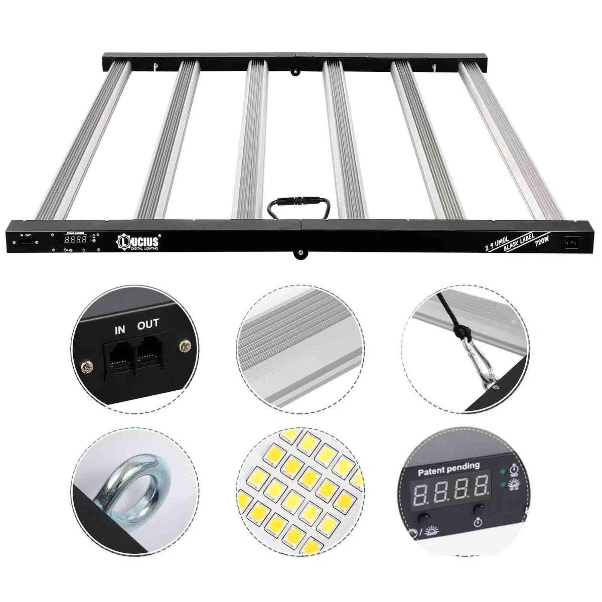 Lucius Lampe de croissance LED 720W, contrôle principal avec minuterie lever/coucher du soleil, complet 2,9 μmol/J avec écran LED, diodes LM281B pour plantes d’intérieur