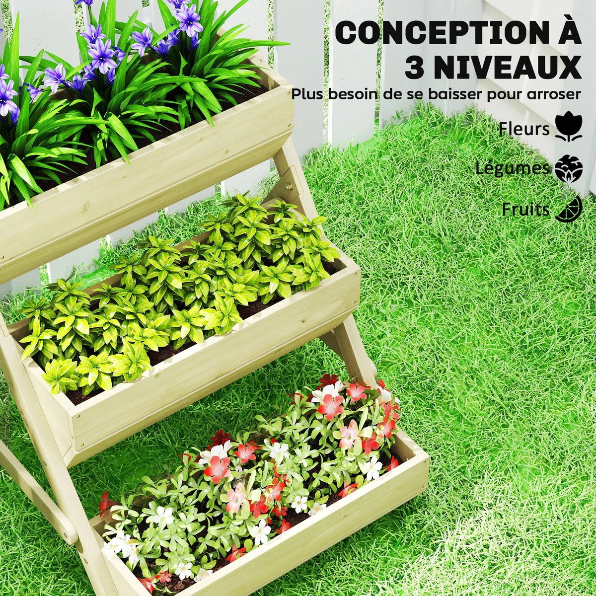 Outsunny Jardinière Surélevée en Bois avec 3 Étages 65 x 75 x 76 cm Vert | Bac à Fleurs, Étagère en Escalier pour Plantes, Trous de Drainage, pour Terrasse Balcon Jardin, Herbes Aromatiques