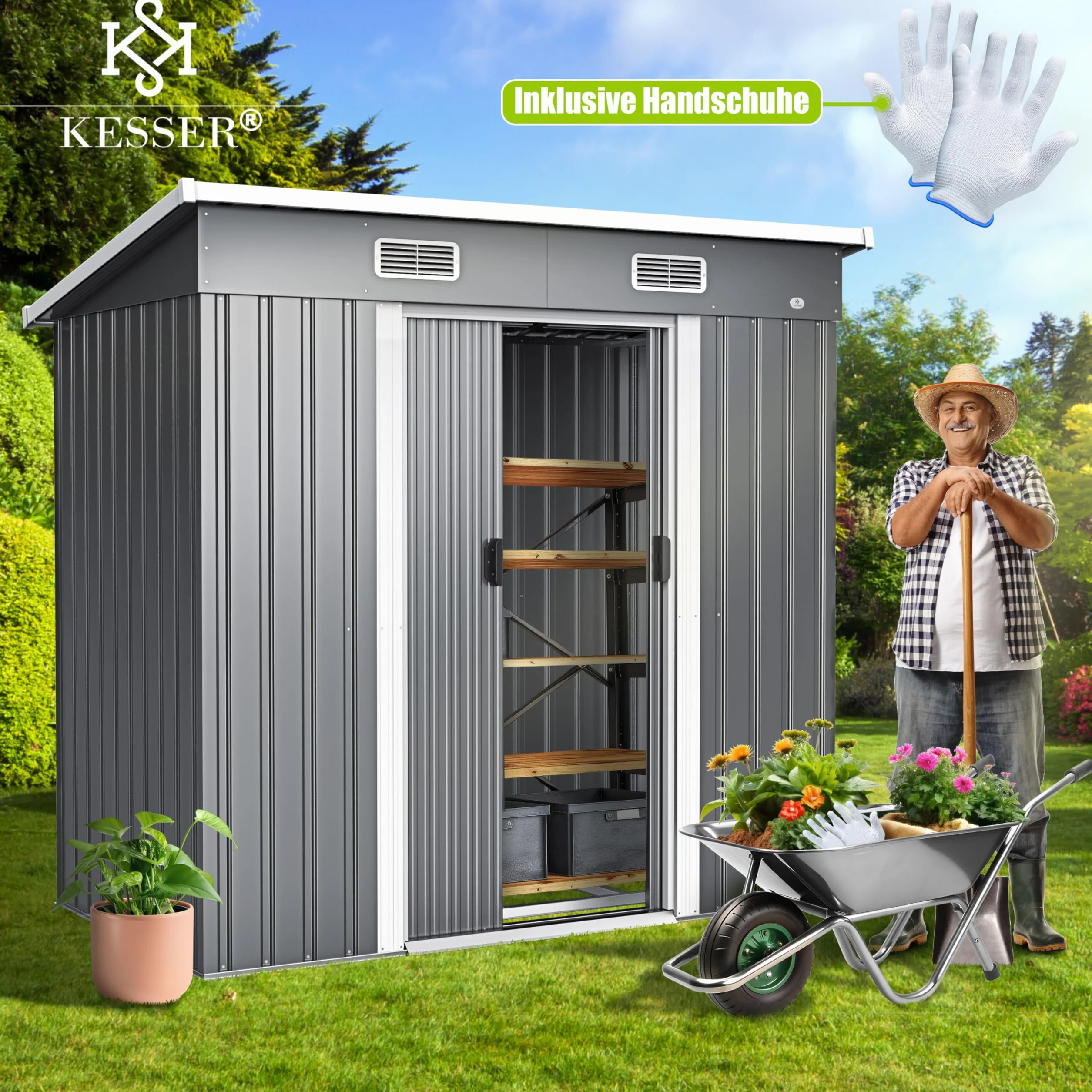 KESSER - Abri de jardin L en métal 4 m³ avec fondation | 194 x 112 x 181 cm | 2 portes coulissantes et fondations | Toit en pente | Avec gants de